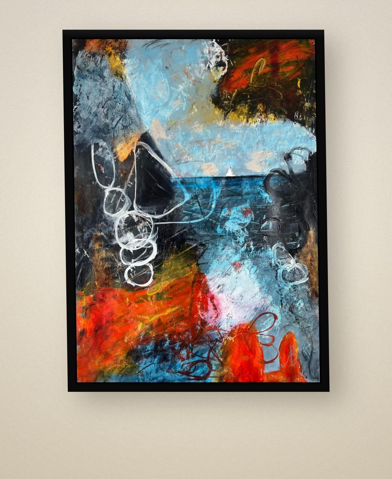 Held Horizon presented in a contemporary black floating frame