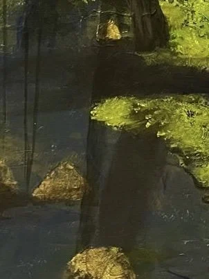 Close up showing reflections of trees in the stream on woodland landscape painting Where Water Narrows by Andrew Bowers