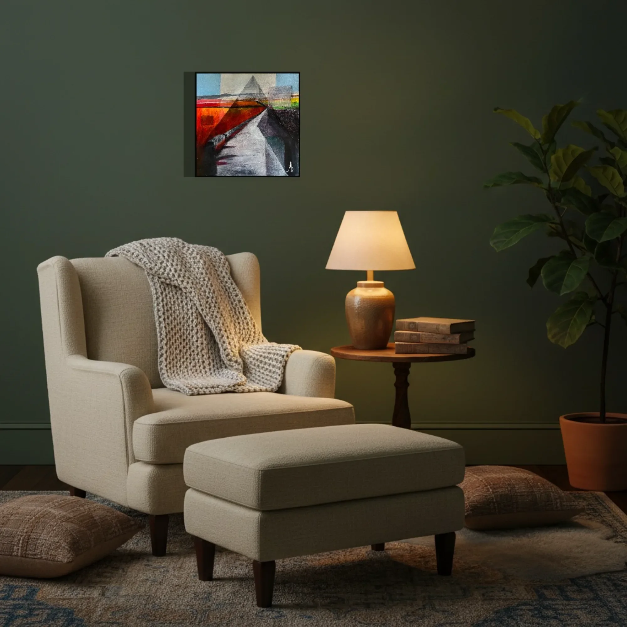 Between Horizons displayed in a warm snug or reading-room interior