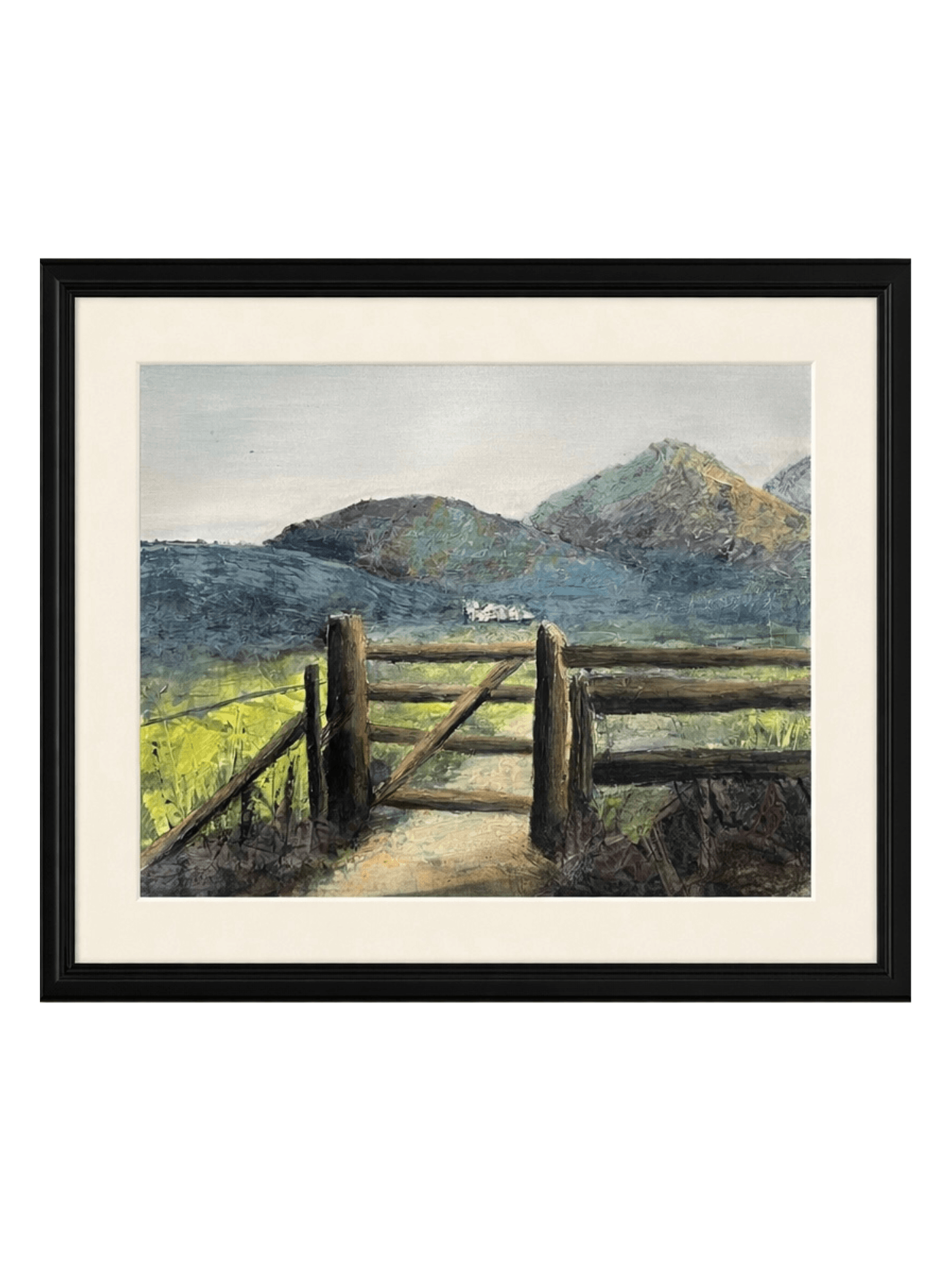 Framed photograph of Through The Gate landscape painting by Yorkshire artist Andrew Bowers