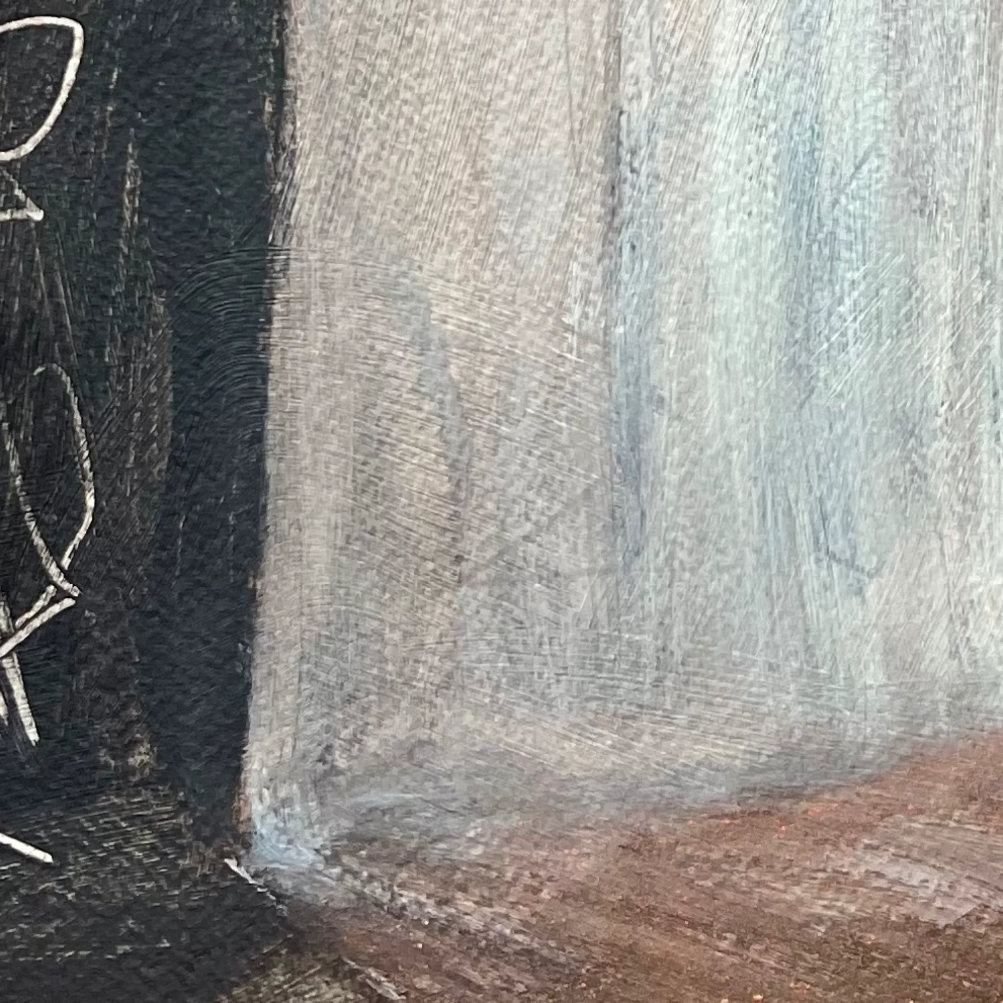 Textured earth tones, black marks and visible underlayers in Fault Light by Andrew Bowers