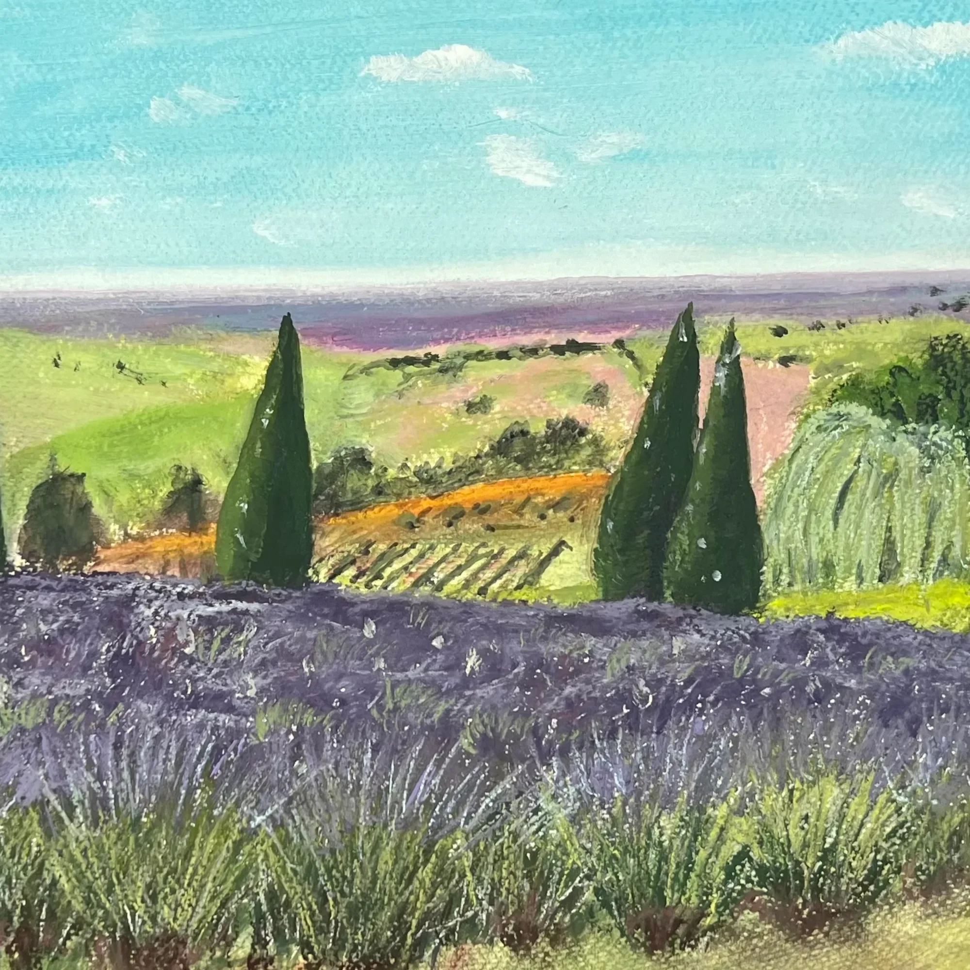 Close-up of layered lavender fields and soft sky tones in Summer at Yorkshire Lavender