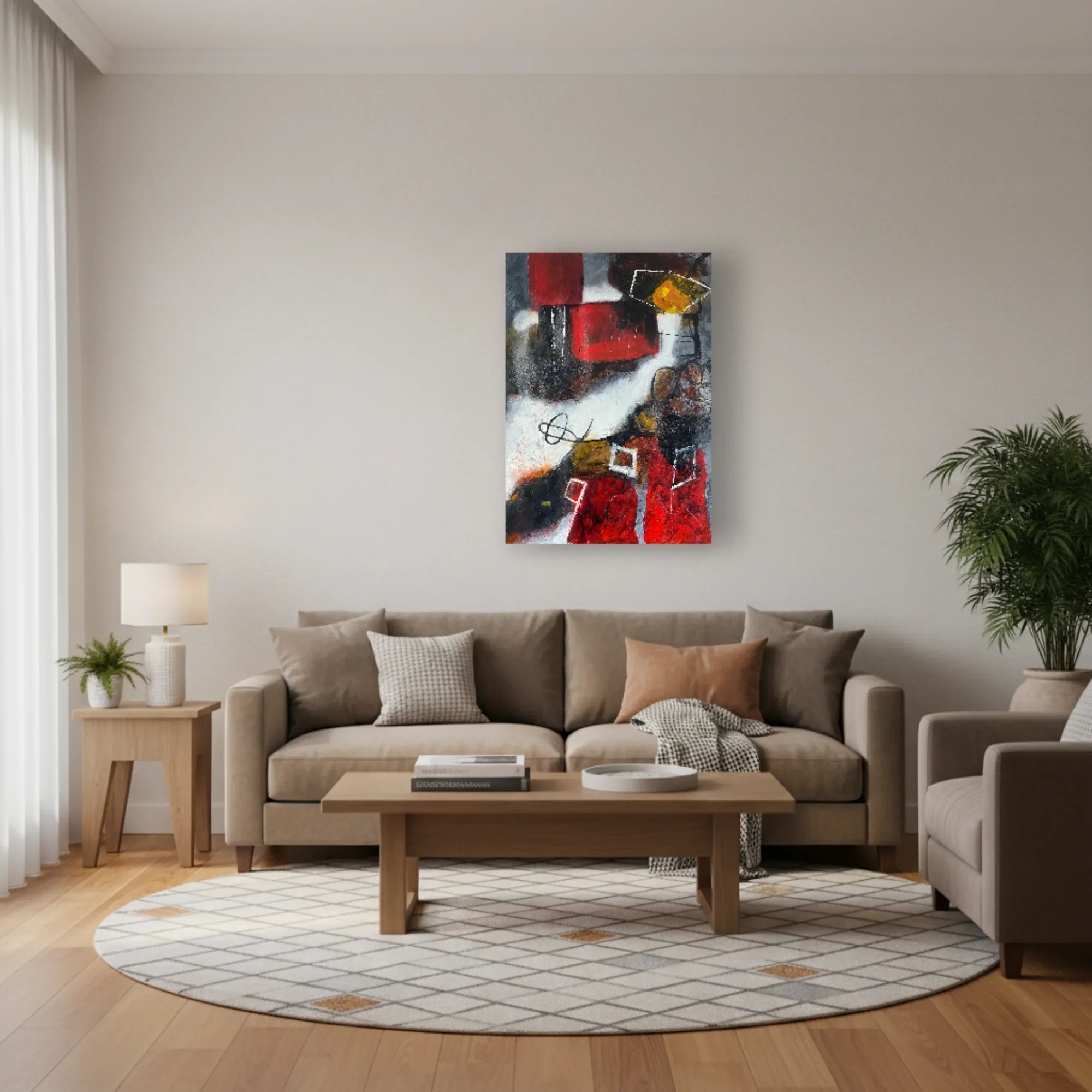 Held in Red abstract internal landscape painting displayed in a modern living room