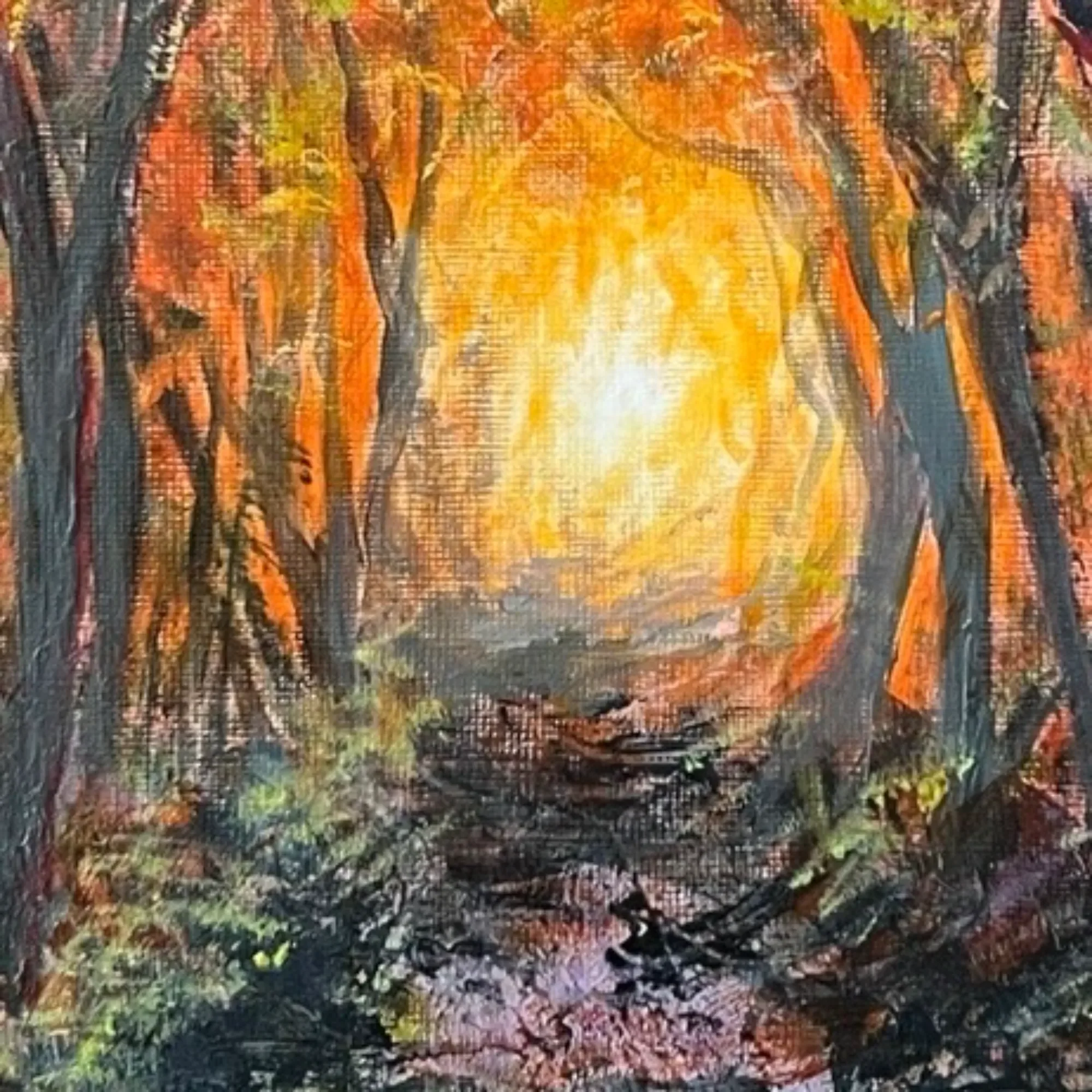 Close-up of the glowing woodland path and layered acrylic surface in Forest Emberlight