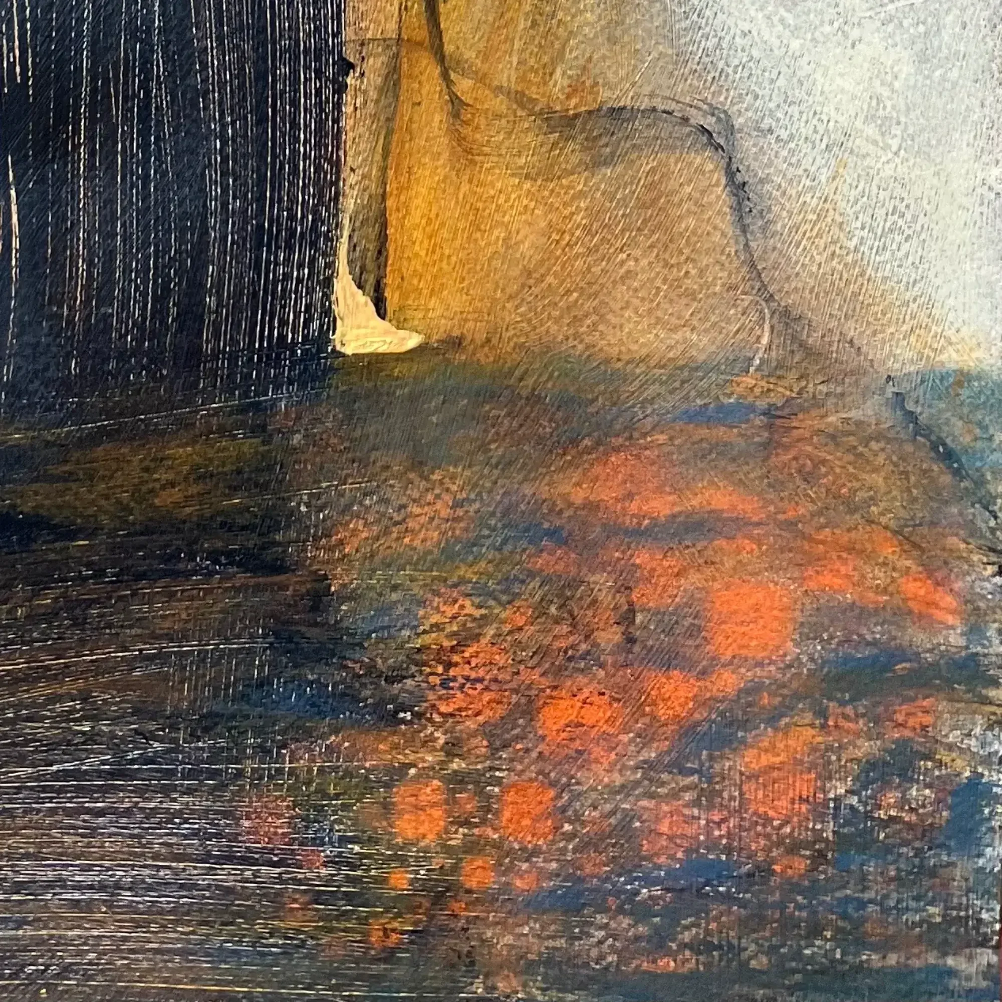 Close-up of the dark dividing form and layered acrylic surface in After The Burn