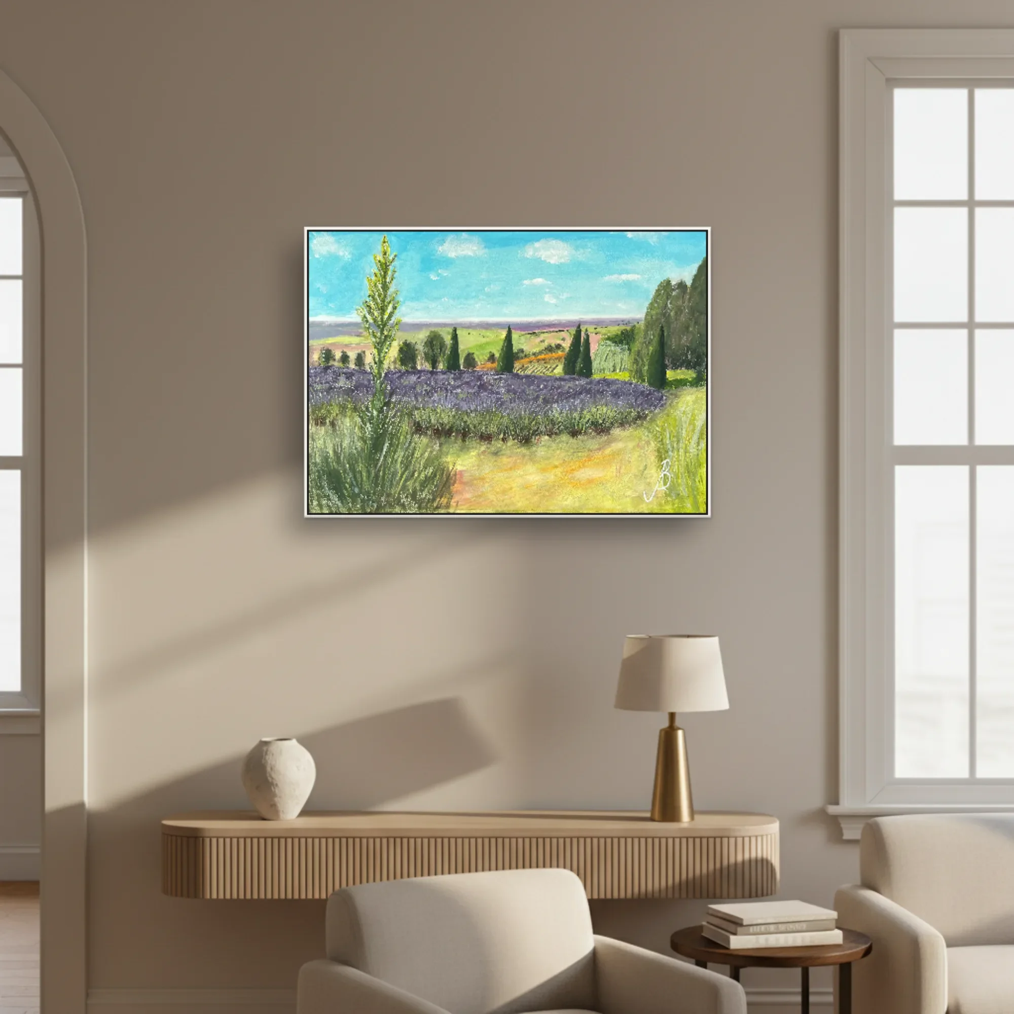 Summer at Yorkshire Lavender displayed on a narrow wall in a contemporary interior