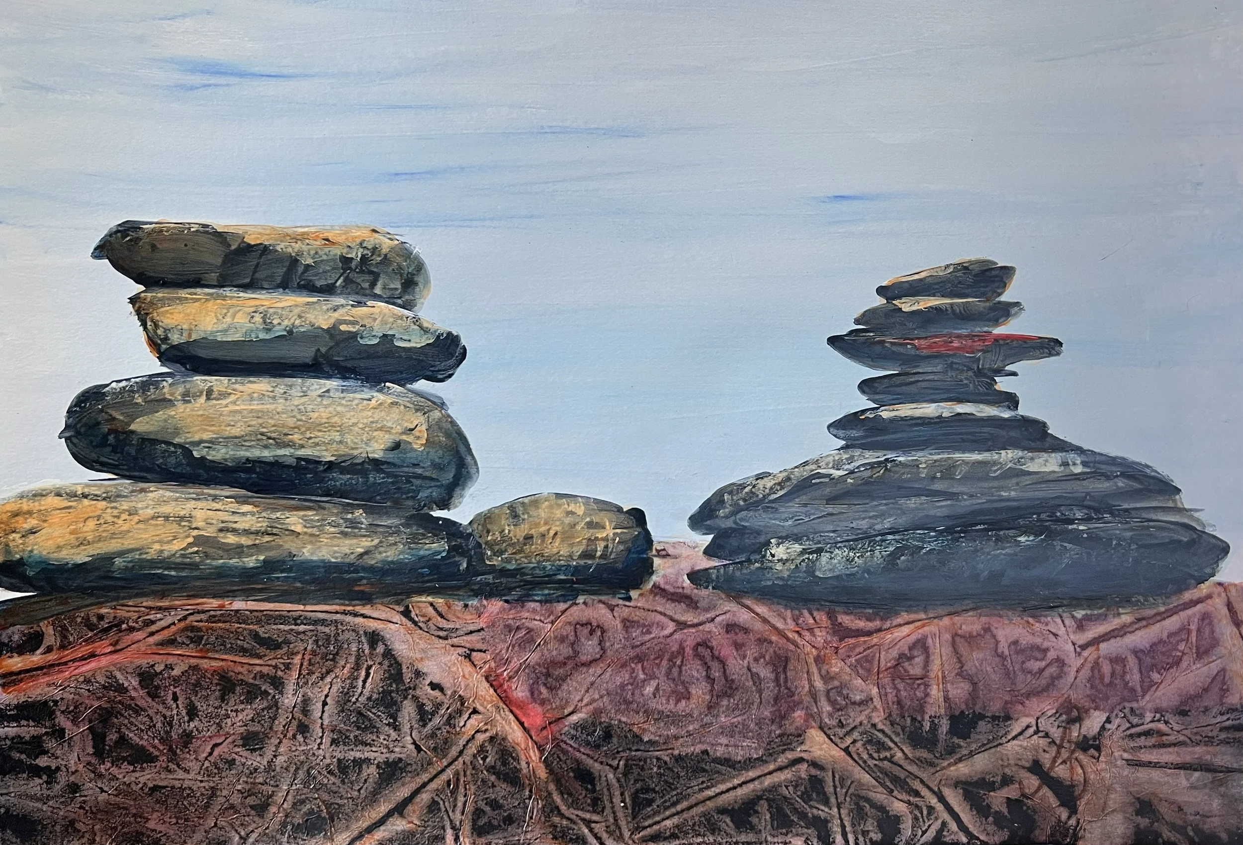 Textured contemporary landscape painting Witness Stones inspired by Brimham Rocks Yorkshire by Andrew Bowers