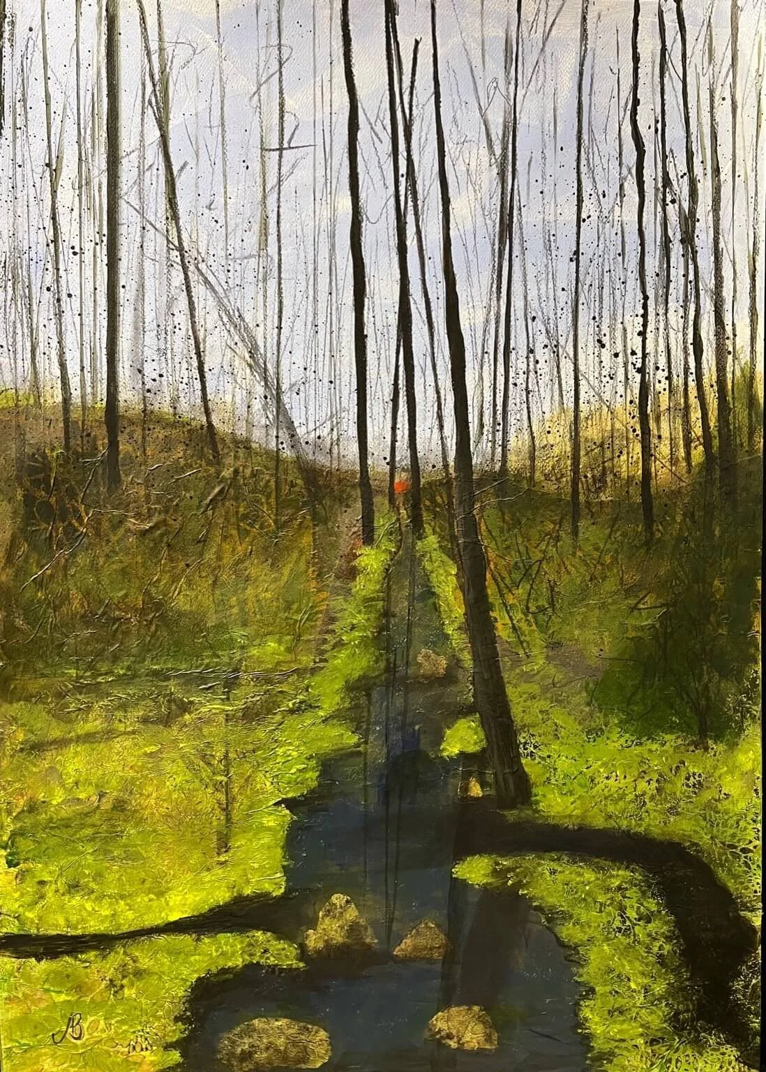 Abstract woodland landscape painting Where Water Narrows inspired by Lithuania by Andrew Bowers
