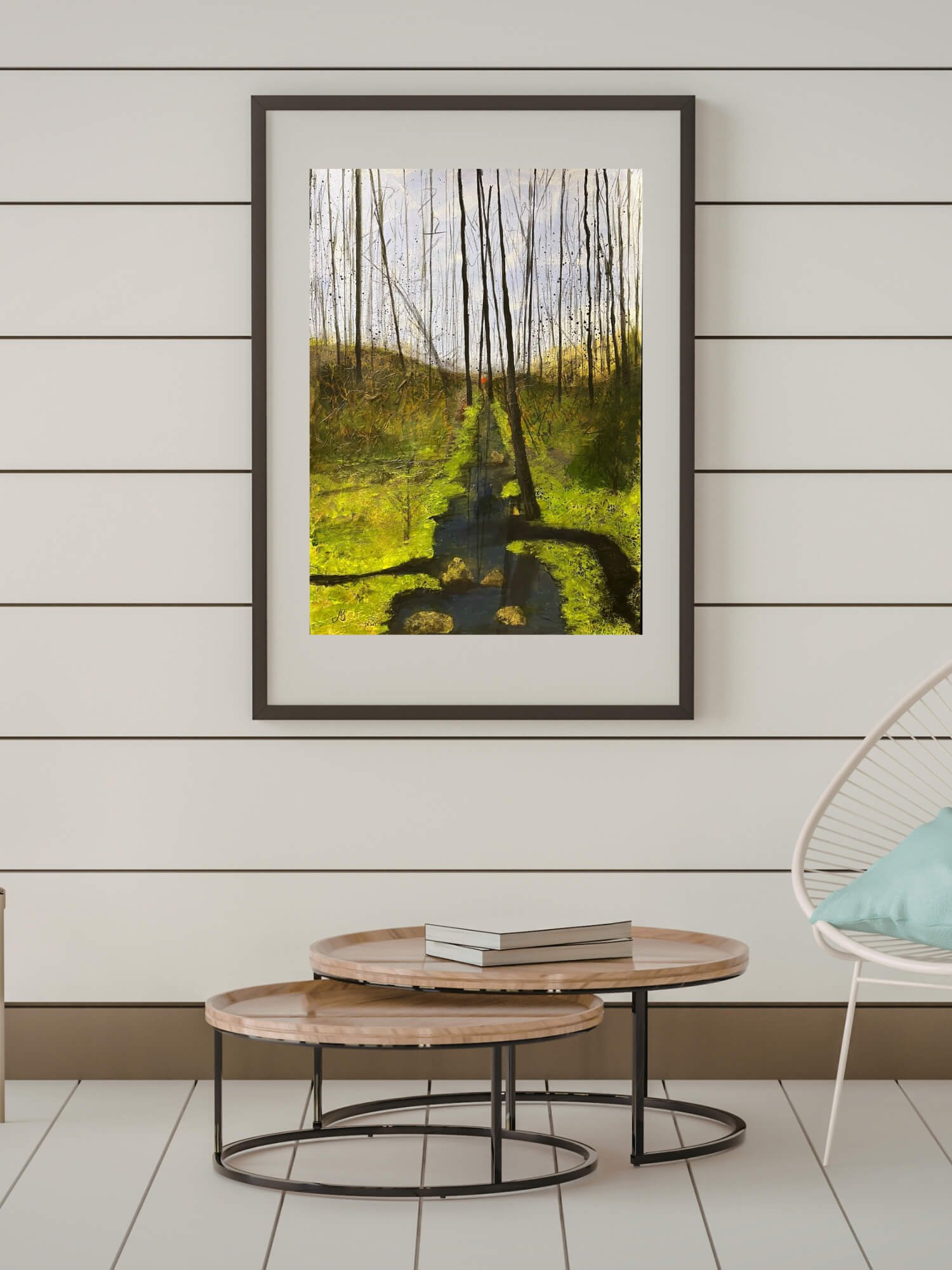 Where Water Narrows landscape painting by Andrew Bowers shown in an interior lounge setting