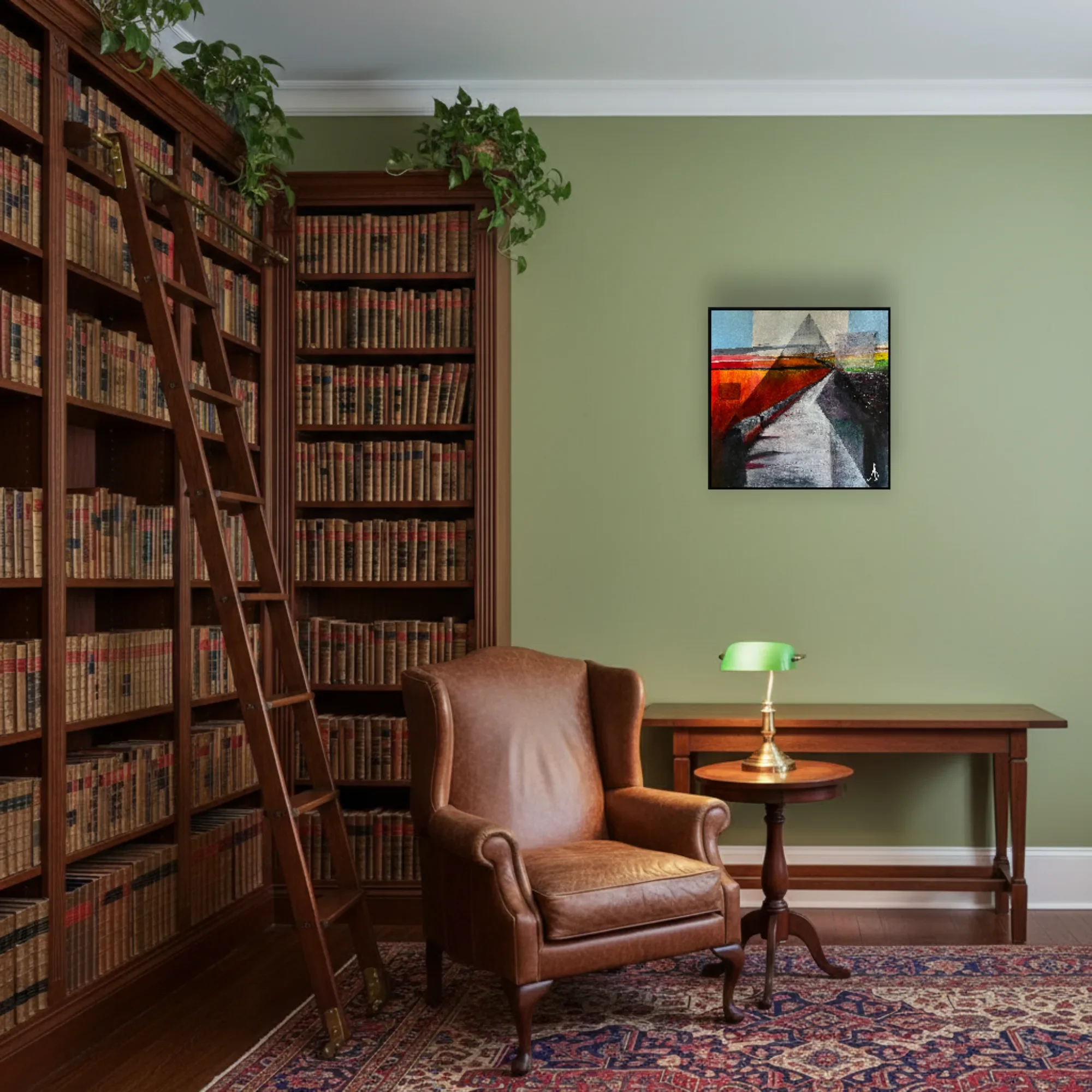 Between Horizons square landscape painting displayed in a quiet library interior