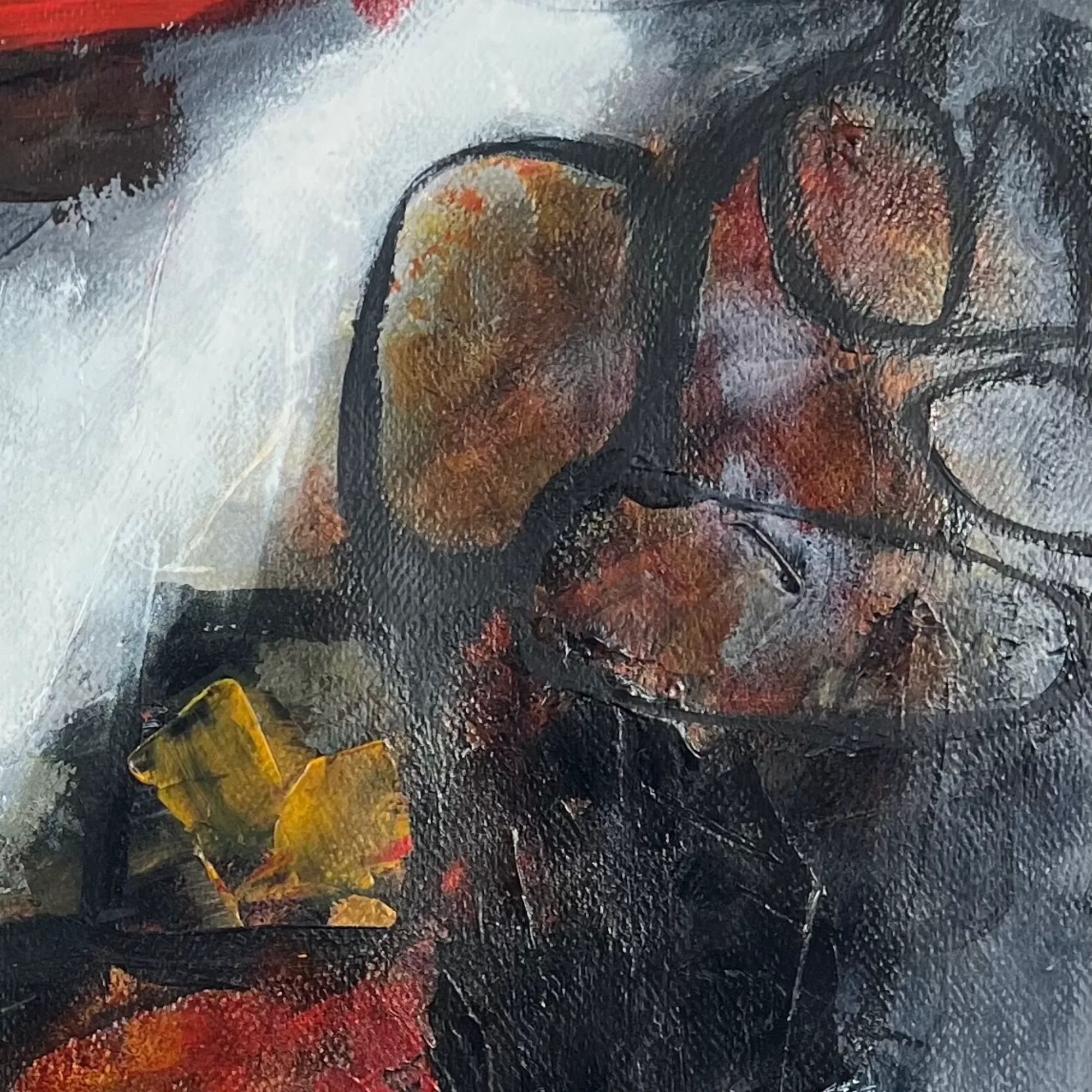 Textured acrylic surface and incised marks in Held in Red by Andrew Bowers