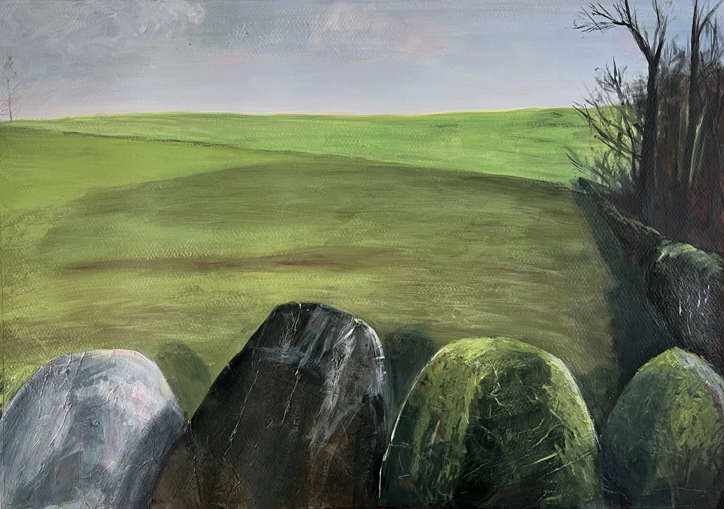 Sentinel Field - contemporary Yorkshire landscape painting with foreground stines by Andrew Bowers