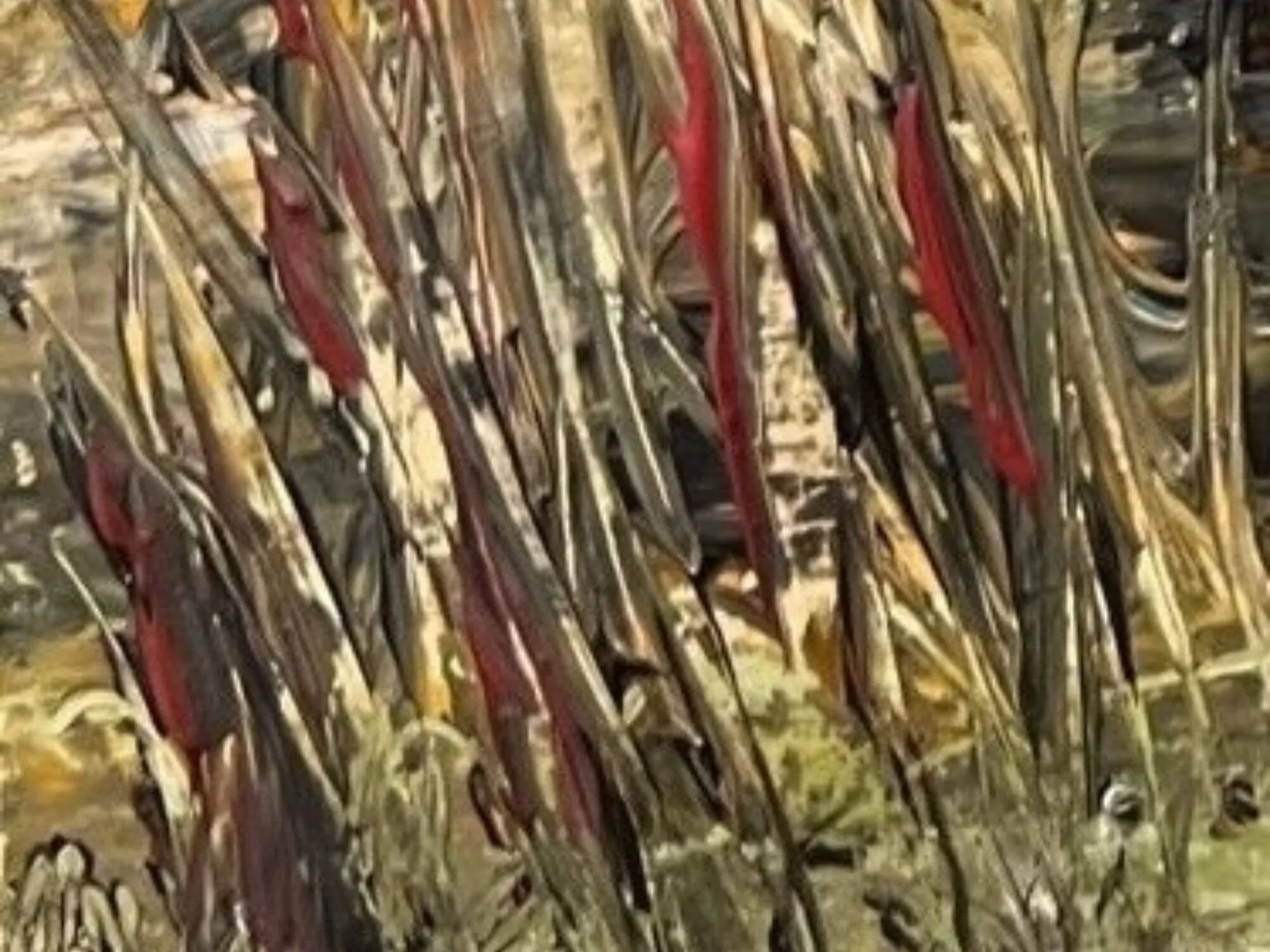 Close-up of textured acrylic abstract landscape painting showing layered surface detail
