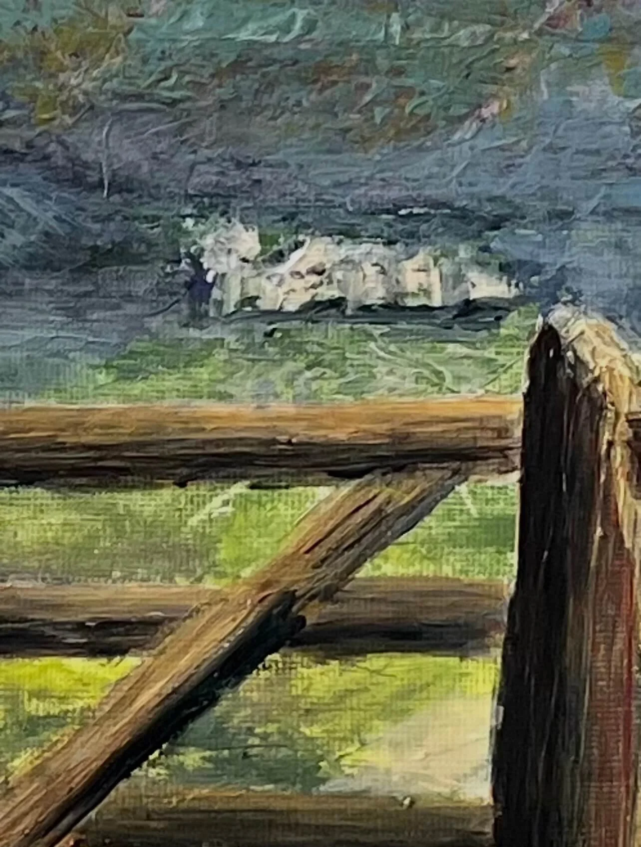 Detailed shot of a painting called Through The Gate by Yorkshire artist Andrew Bowers