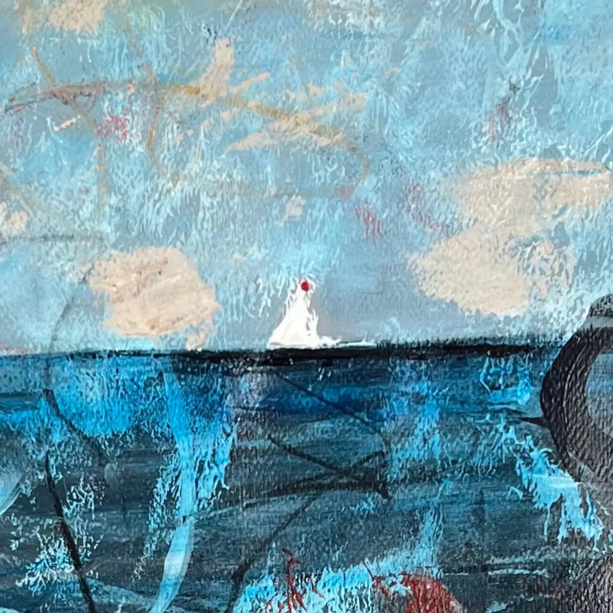 Close-up of layered blue, charcoal and red acrylic marks in Held Horizon by Andrew Bowers