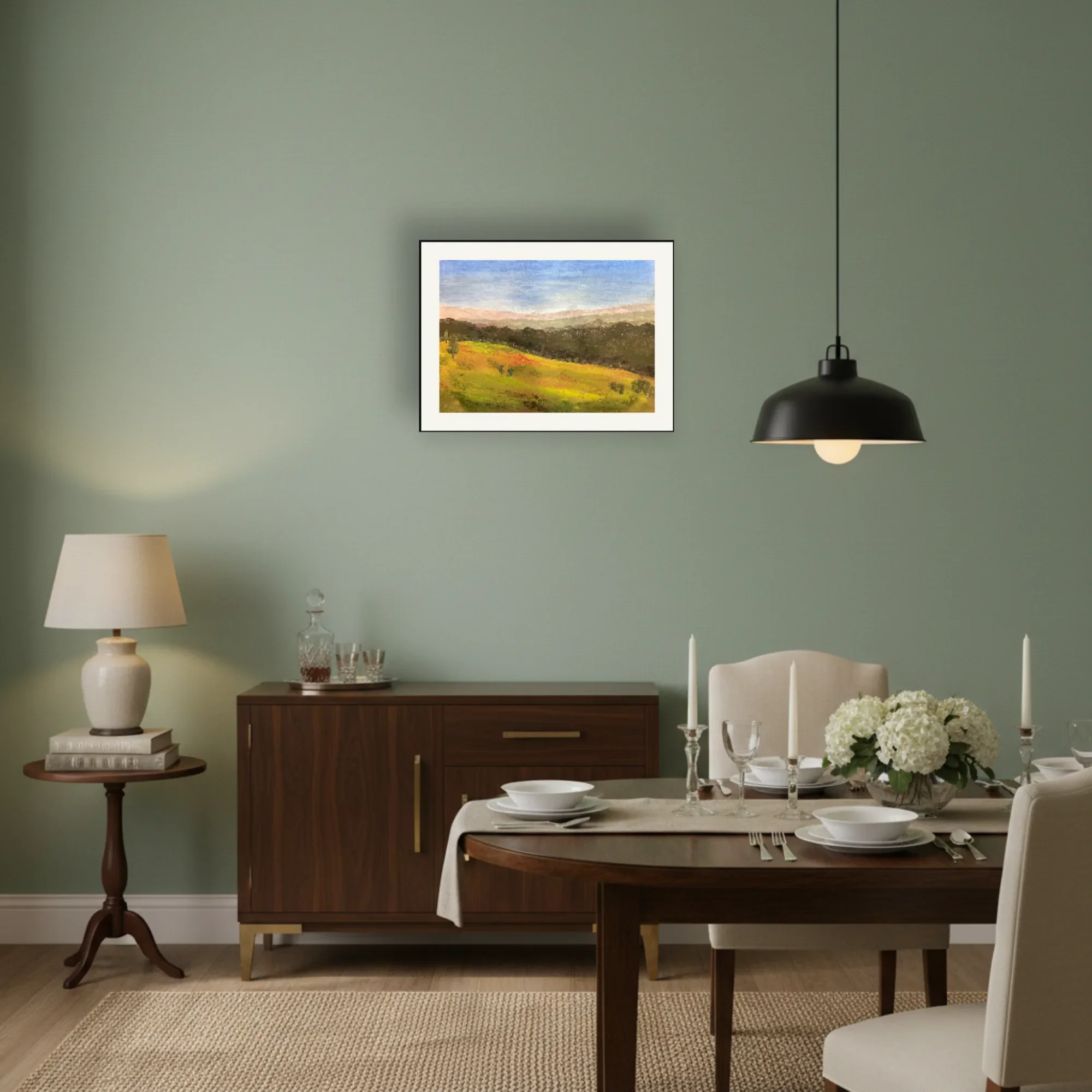 Held Light atmospheric landscape painting displayed in a contemporary dining room