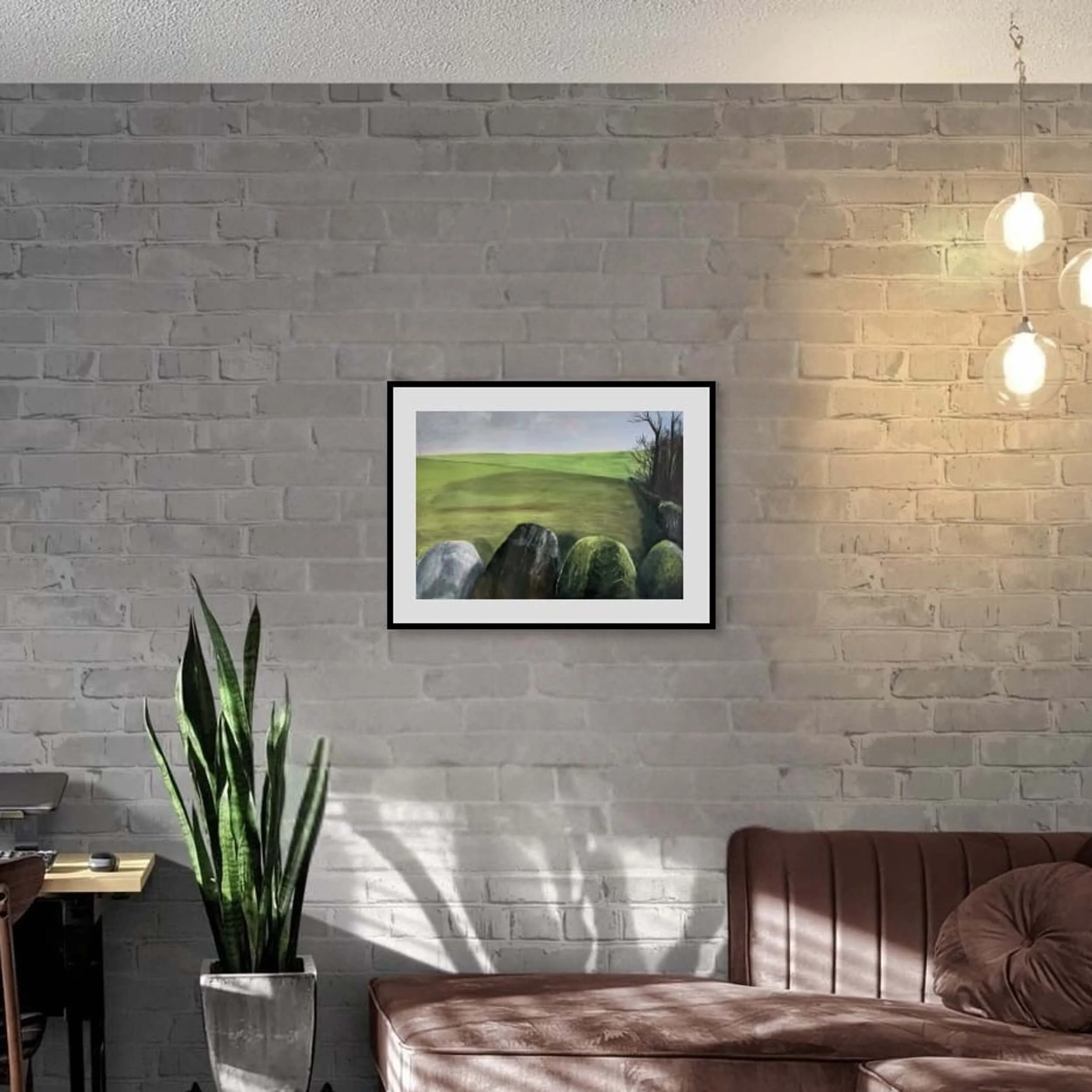 Sentinel Field contemporary landscape painting by Andrew Bowers displayed in a modern interior setting