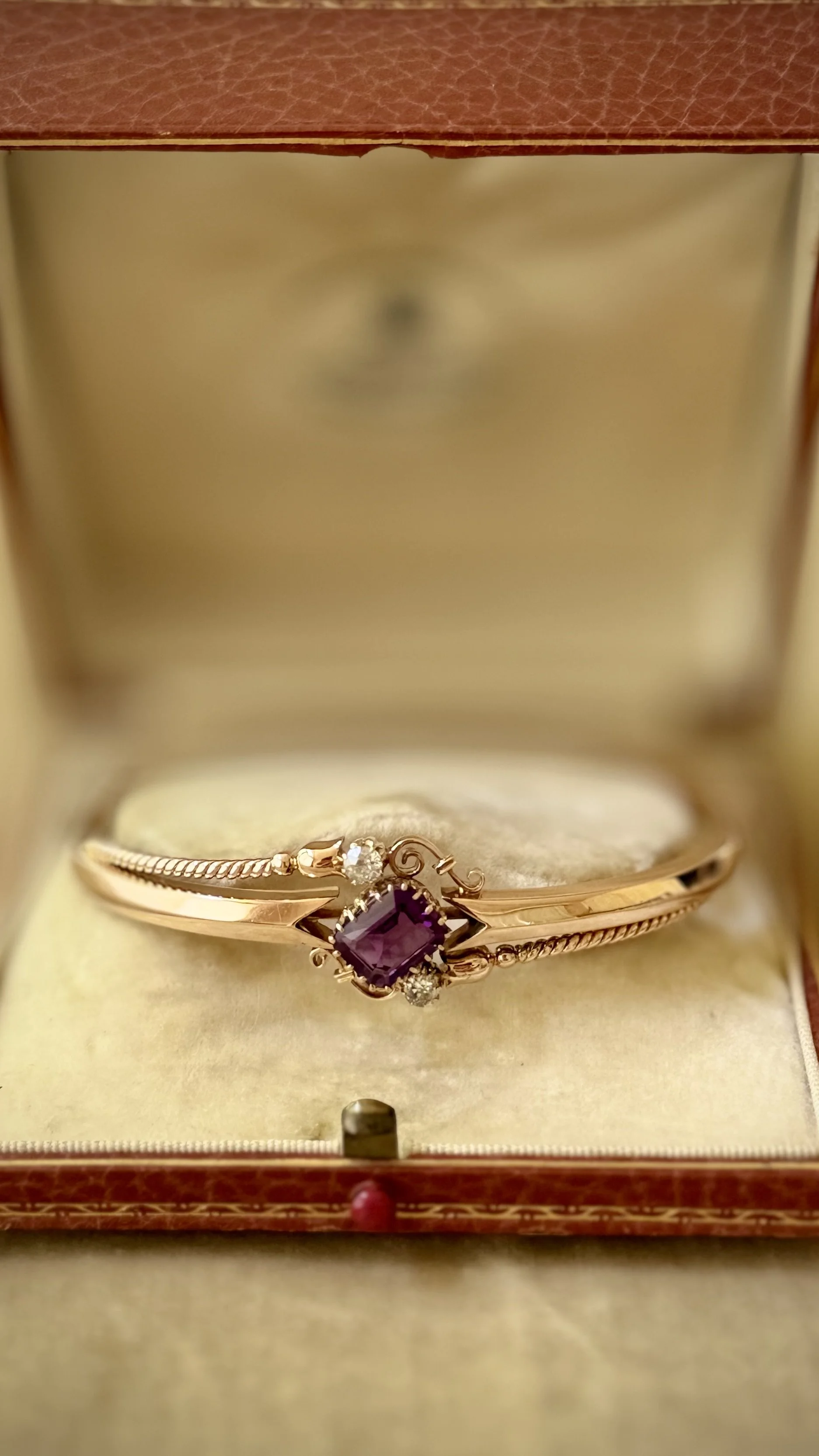 Antique Imperial Russian Amethyst and Diamond Gold Bangle Bracelet