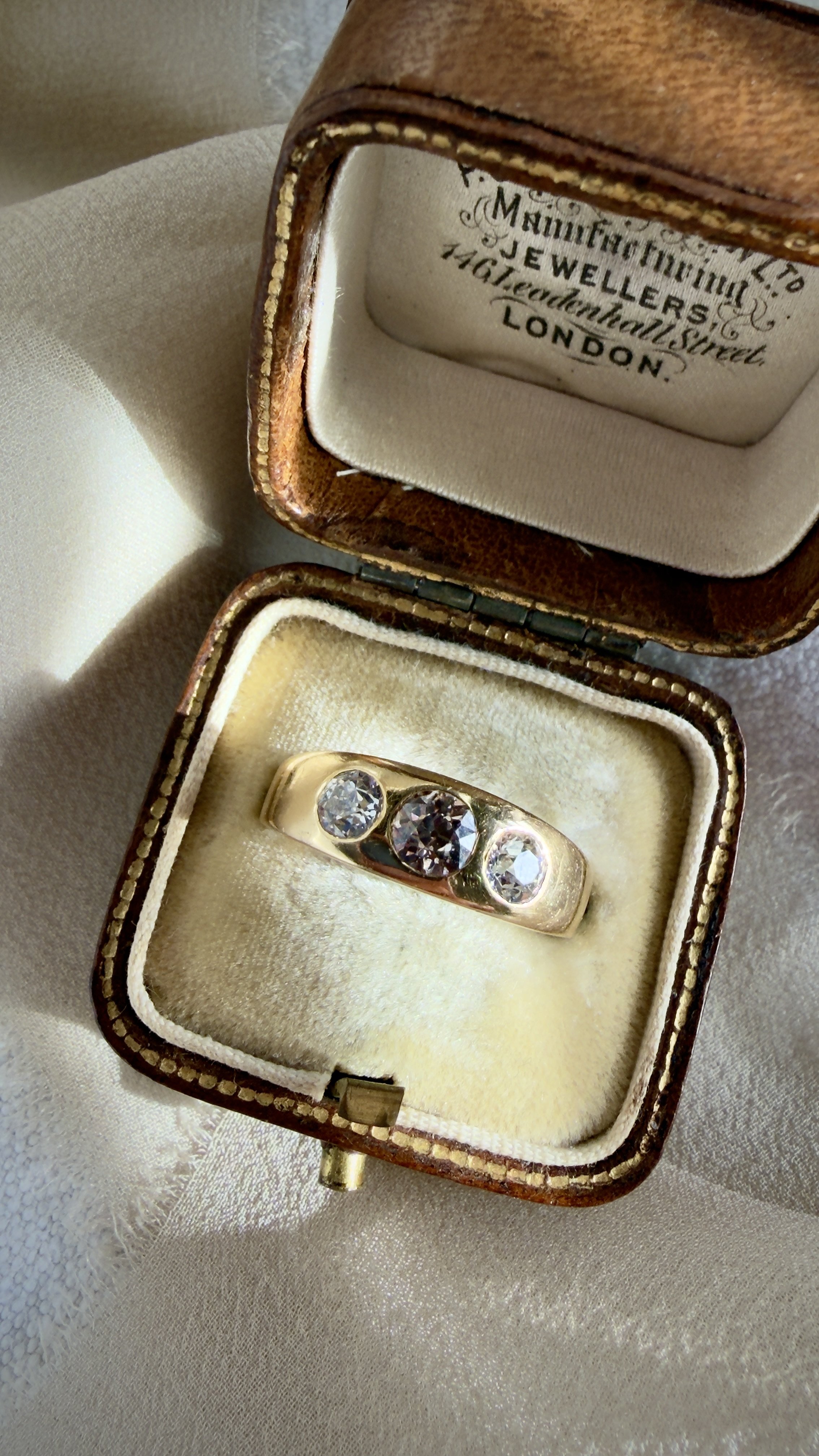 Antique Victorian Diamond Flush Set Three Stone Ring