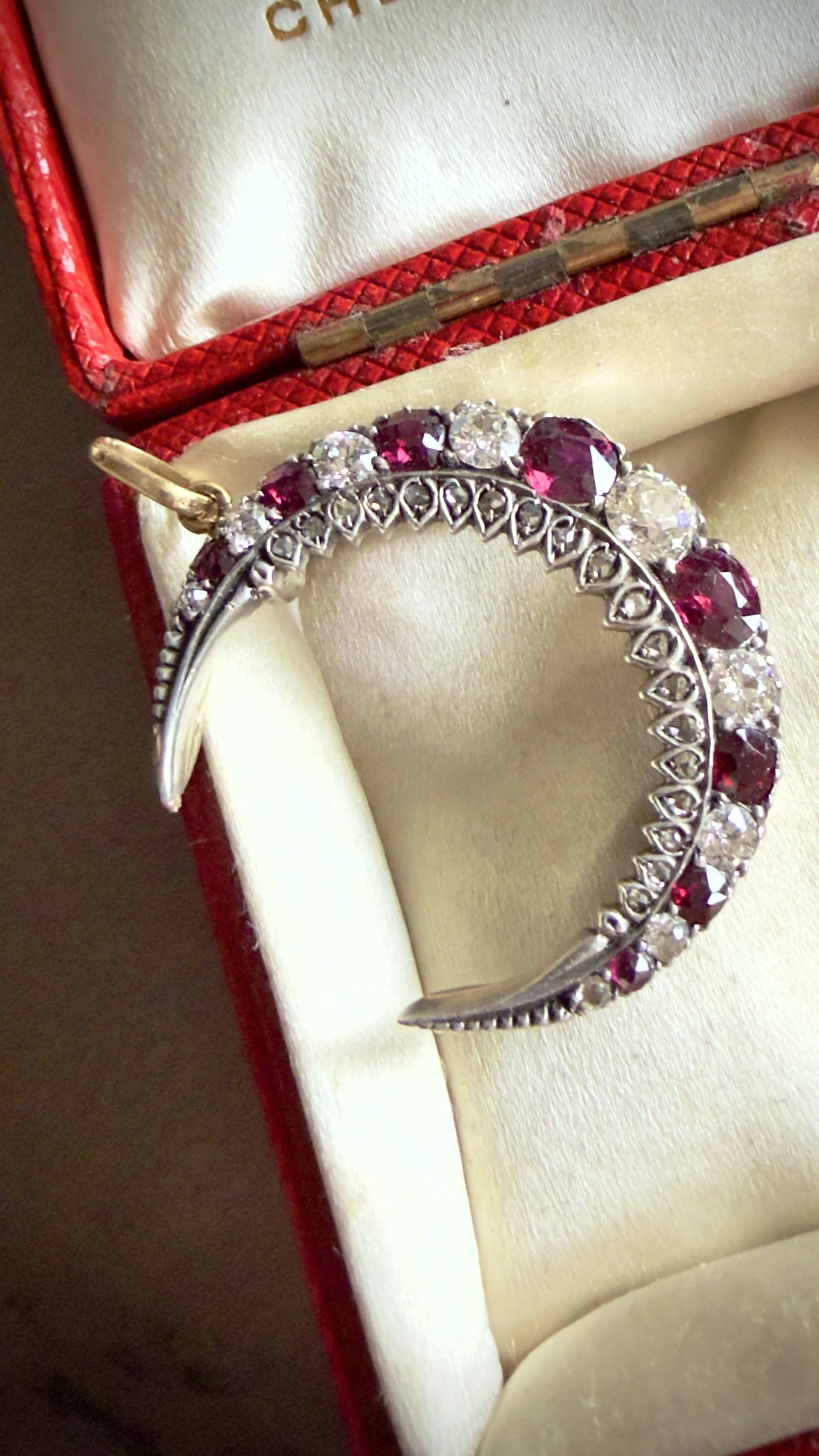 Antique Victorian Ruby and Old Mine Diamond Crescent Pendant
