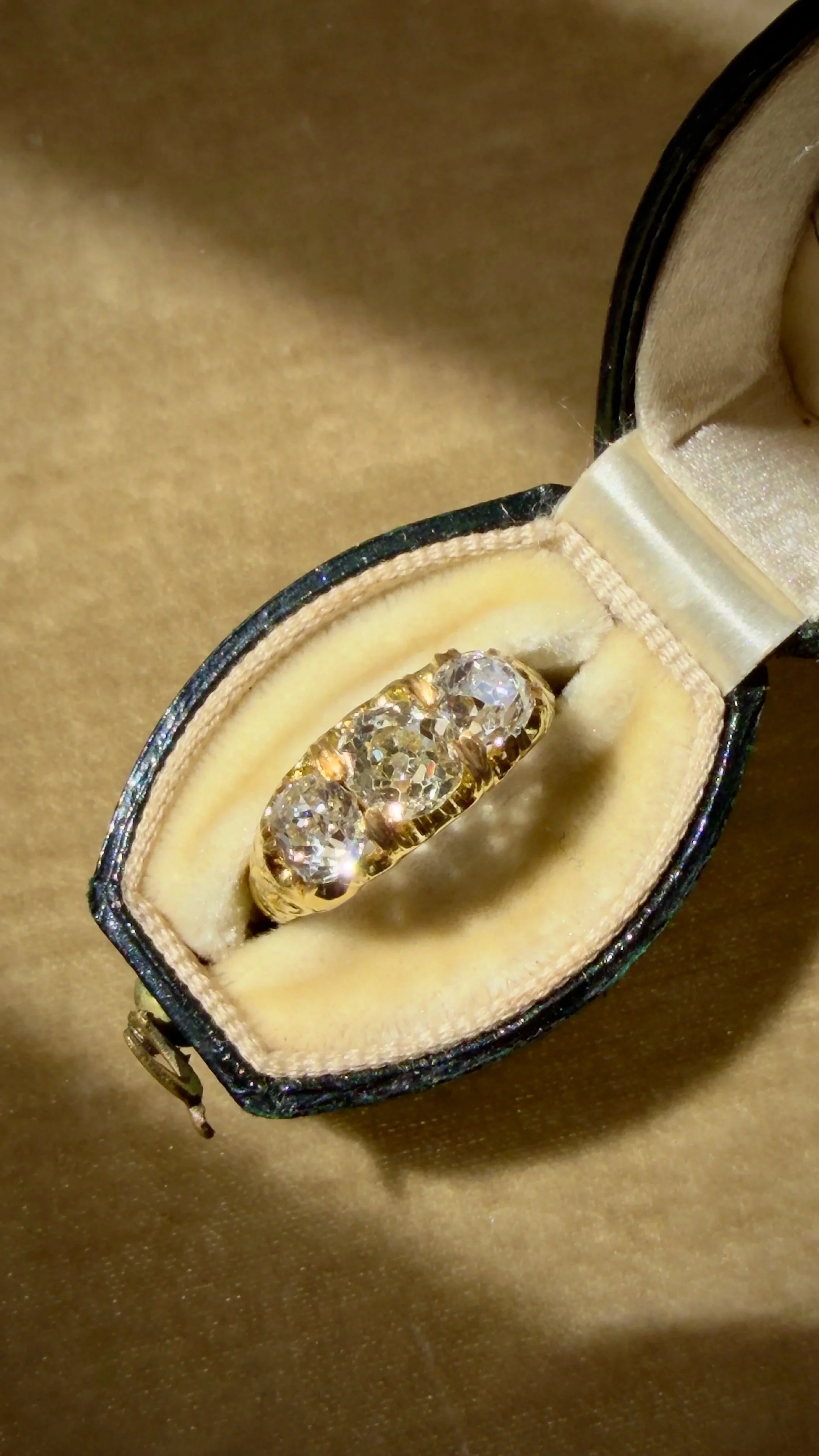 Antique Victorian Old Mine Cut Cushion Diamond Three Stone Ring