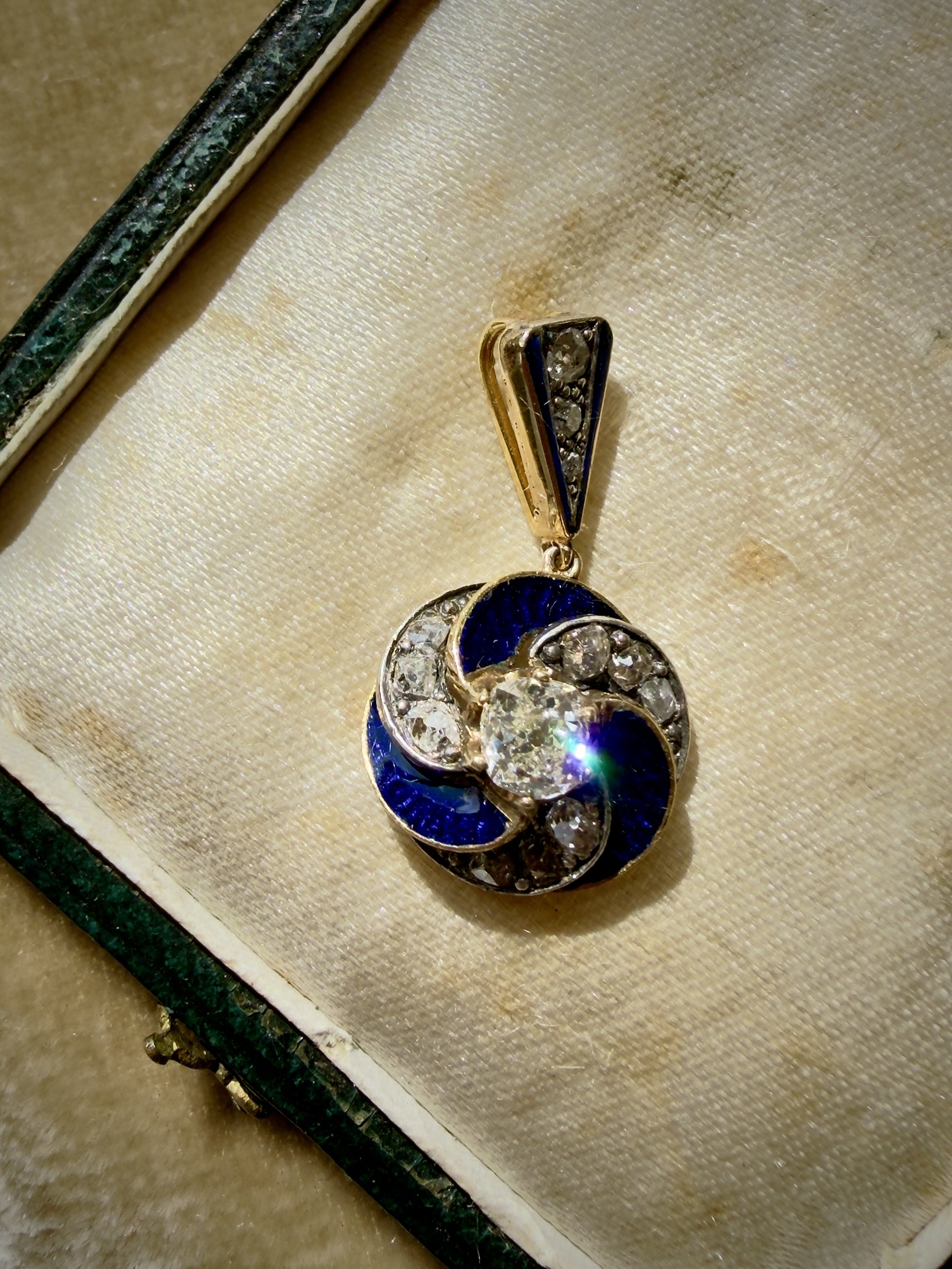 Rare Antique Victorian Pendant, Old Mine Diamonds and Guilloche Enamel