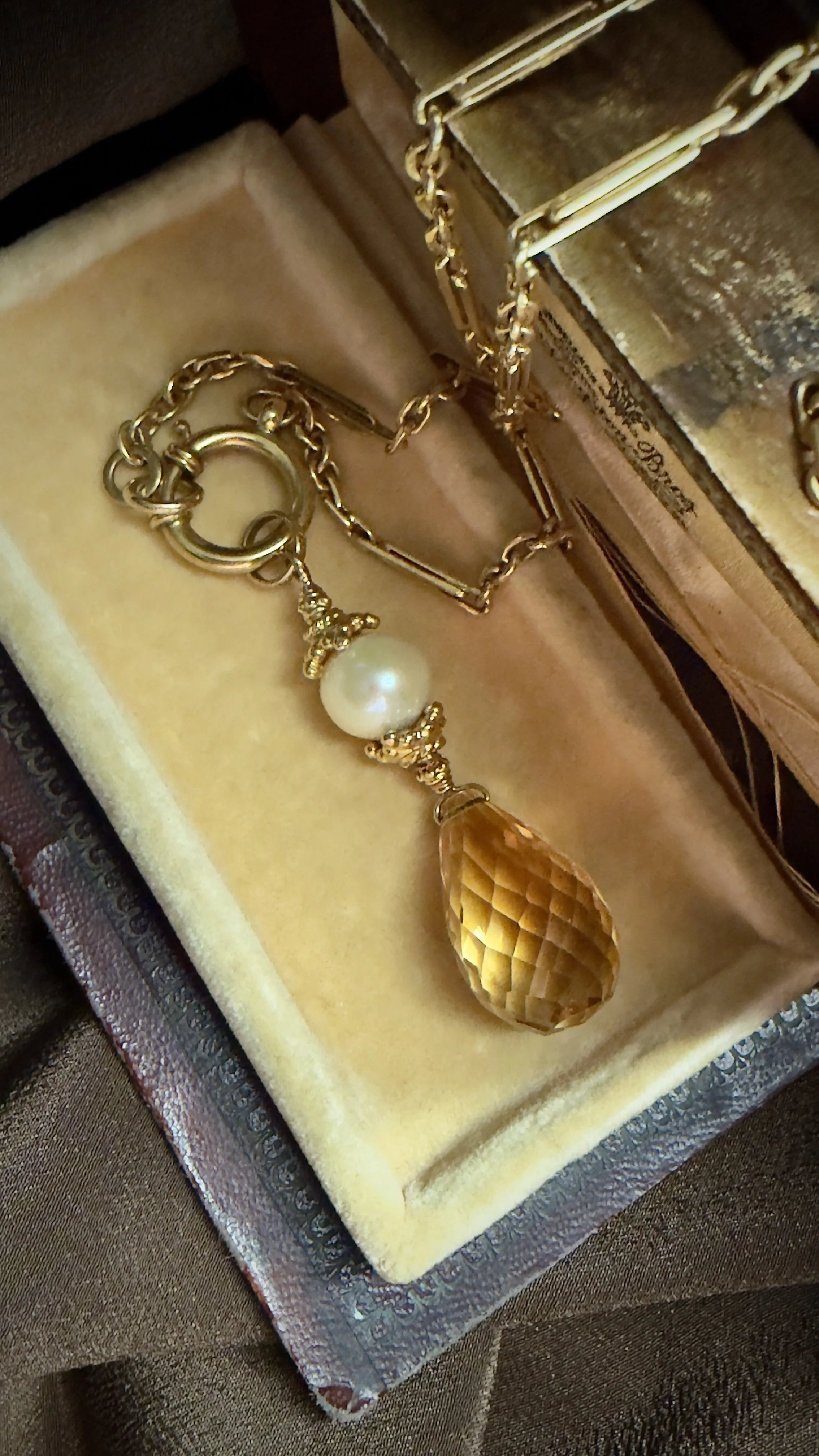 Vintage Handcrafted Citrine Briolette and Pearl Rondelle Drop Pendant