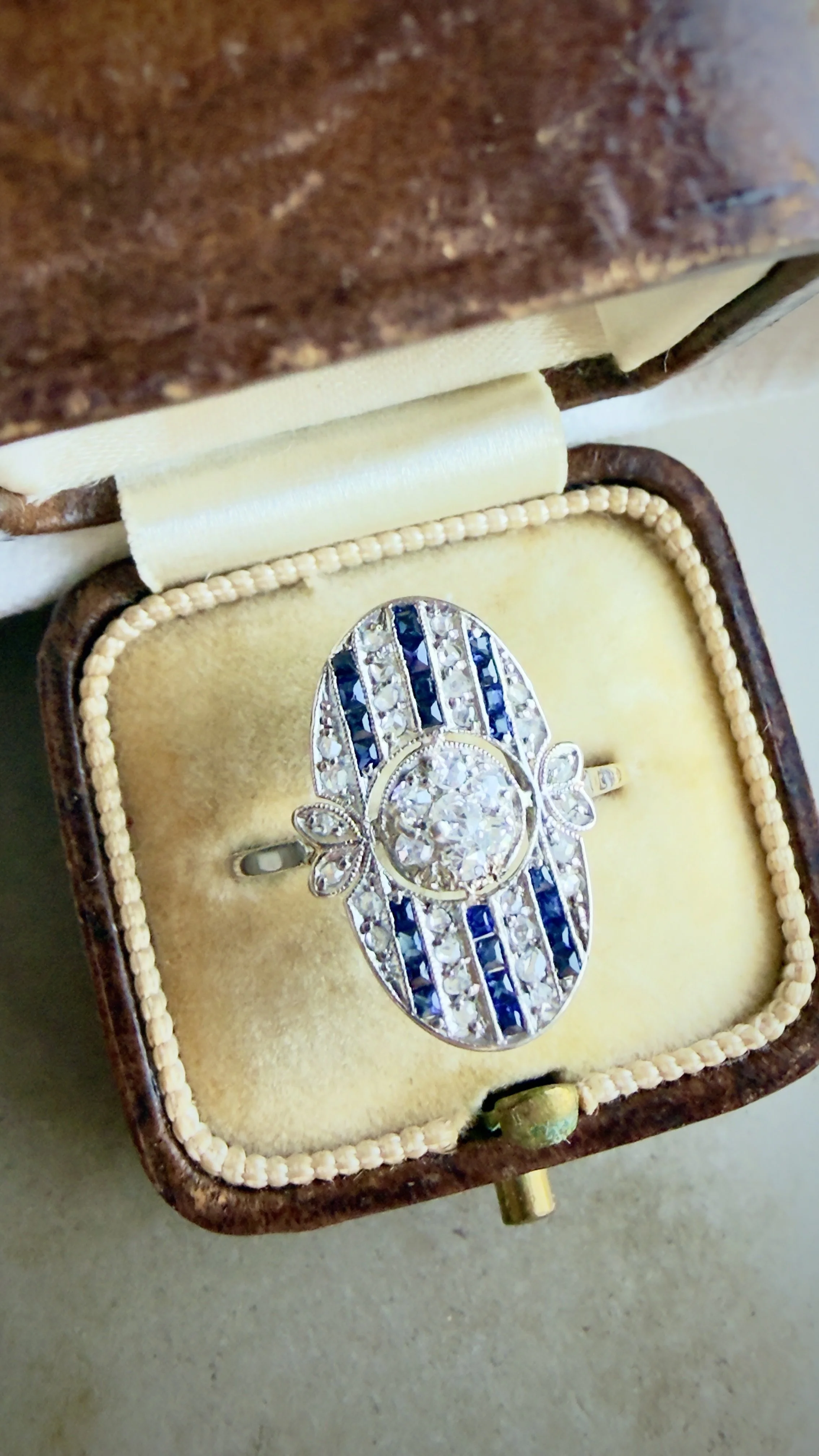 Antique Edwardian Sapphire and Diamond Panel Ring in 18K