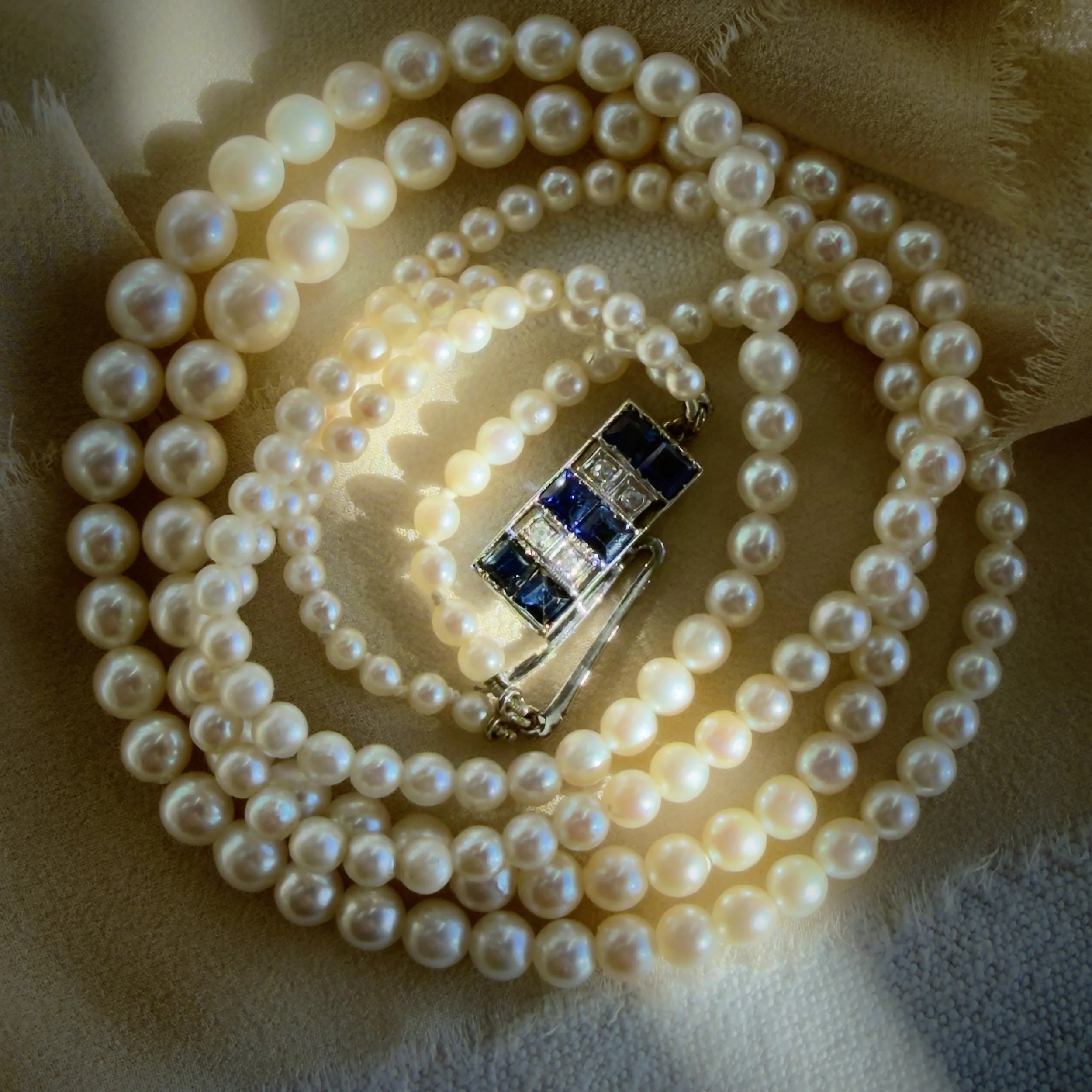 Antique Art Deco Cultured Pearl Necklace with Diamond and Sapphire Clasp