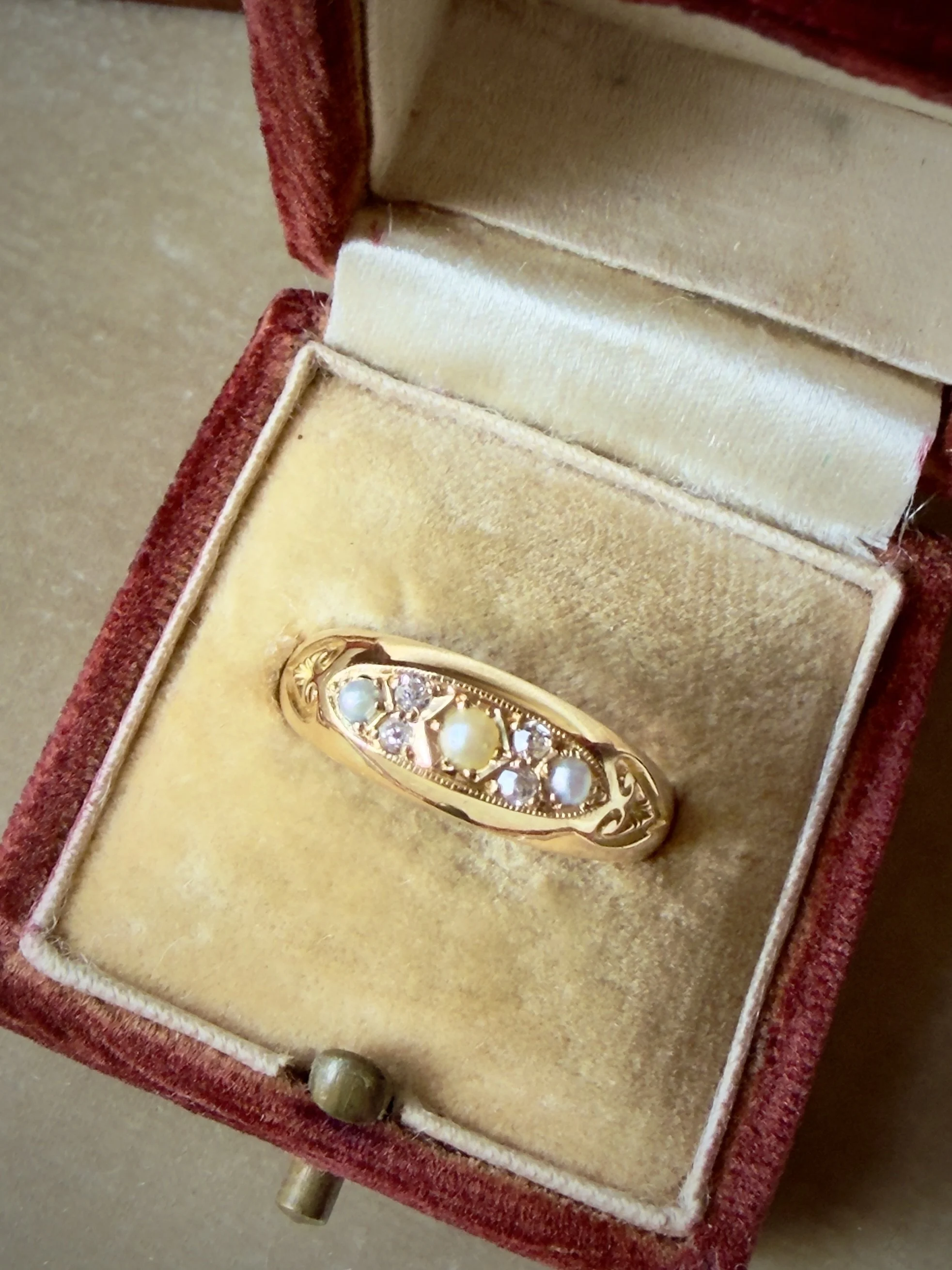 Antique Edwardian Era Pearl and Old Cut Diamond Seven Stone Boat Ring in 18K