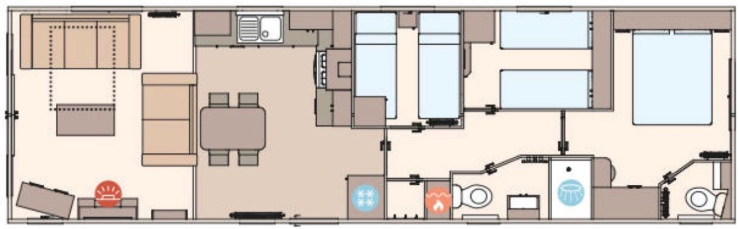 Floor plan of a mobile home with living room, kitchen, two bedrooms, and bathrooms.