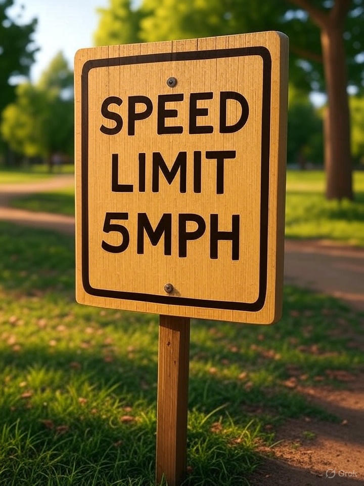 A wooden speed limit sign indicating a maximum speed of 5 miles per hour, outdoors in a park or grassy area.