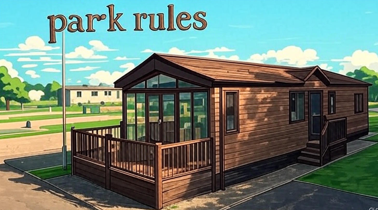 Illustration of a wooden building with a deck and large windows, with the words 'park rules' written at the top.