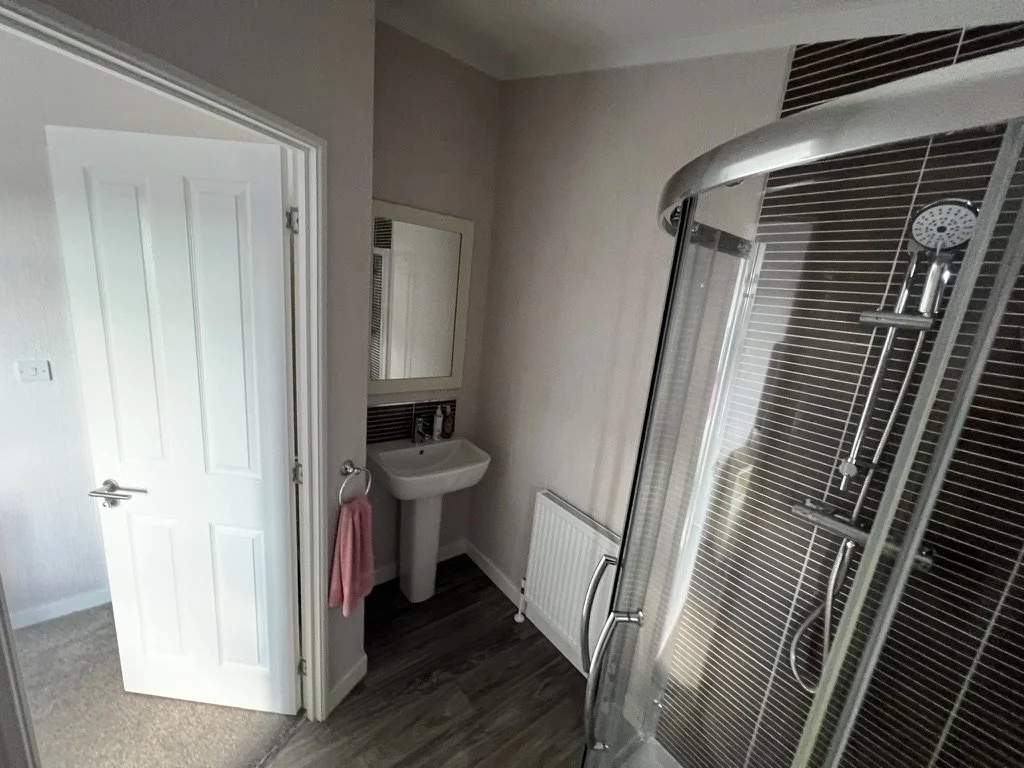A small bathroom with a white door, a sink with a mirror above, a pink towel on a towel ring, a radiator below the mirror, and a curved glass shower enclosure with dark tiled walls.