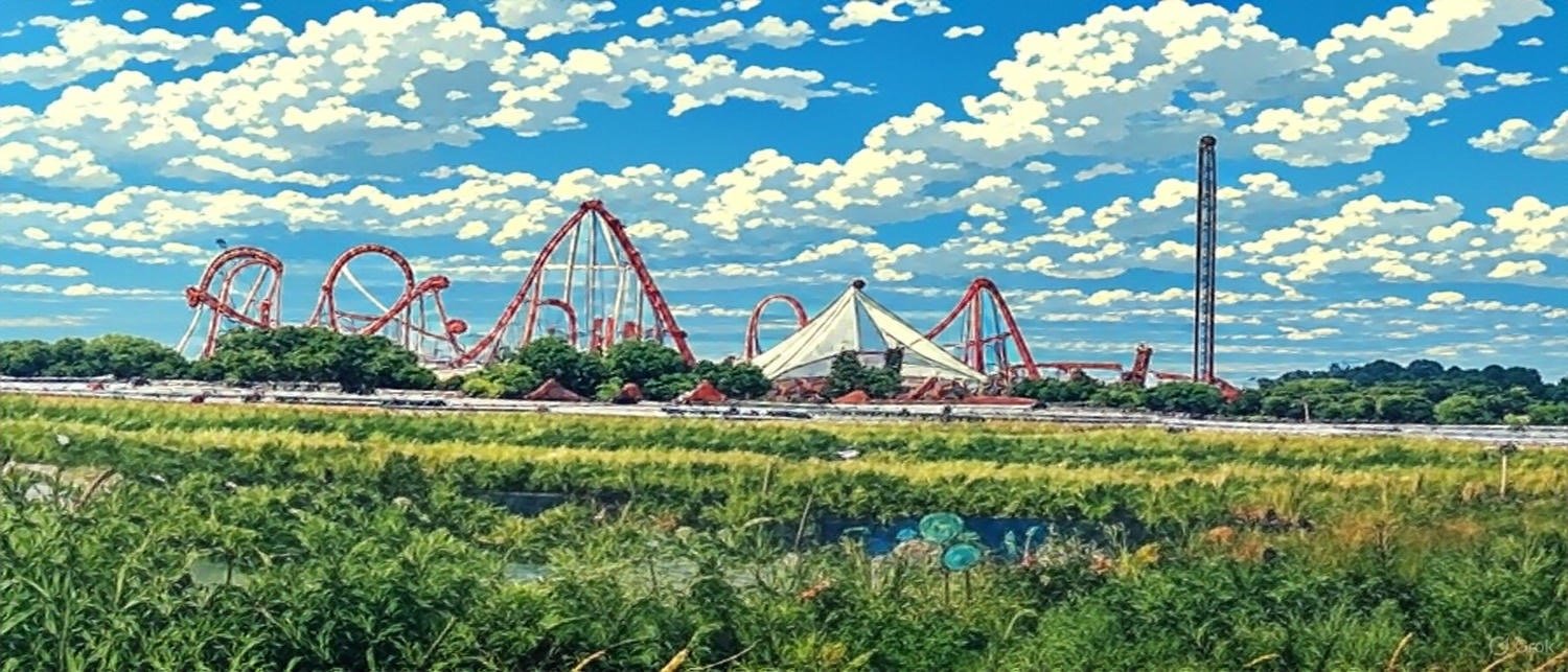 the view of fantasy island from the woodlands lodge park