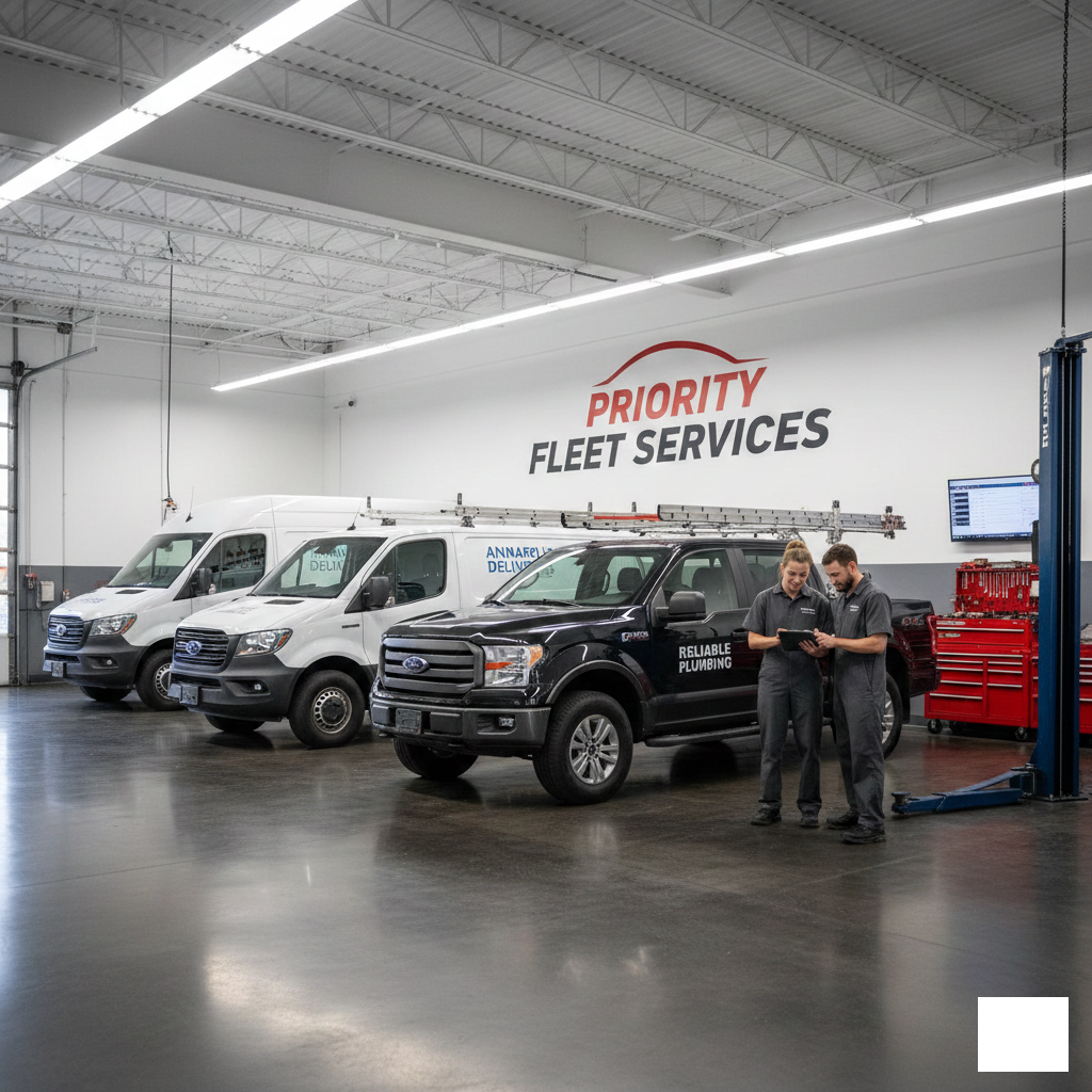 Interior of a fleet service garage with three service vans, two white and one black with corporate branding, and two mechanics reviewing paperwork near the black van. The wall displays 'Priority Fleet Services' in red and black lettering.