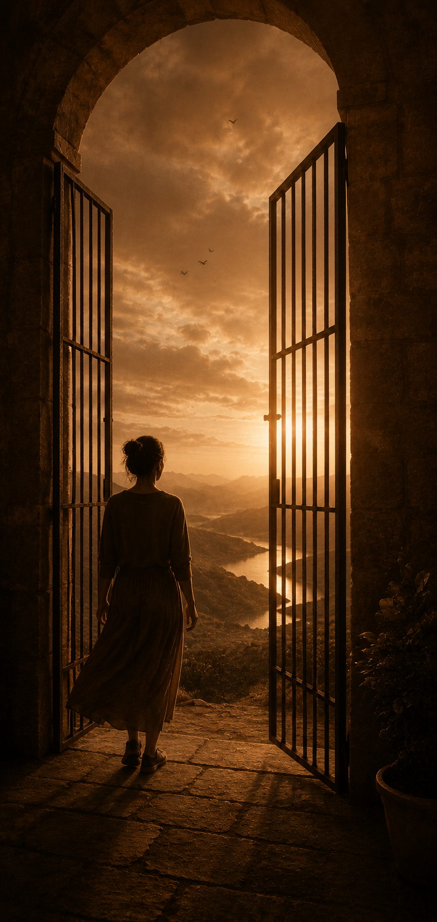 Woman standing at an open iron gate, overlooking a landscape at sunset with mountains and a river, birds flying in the sky.