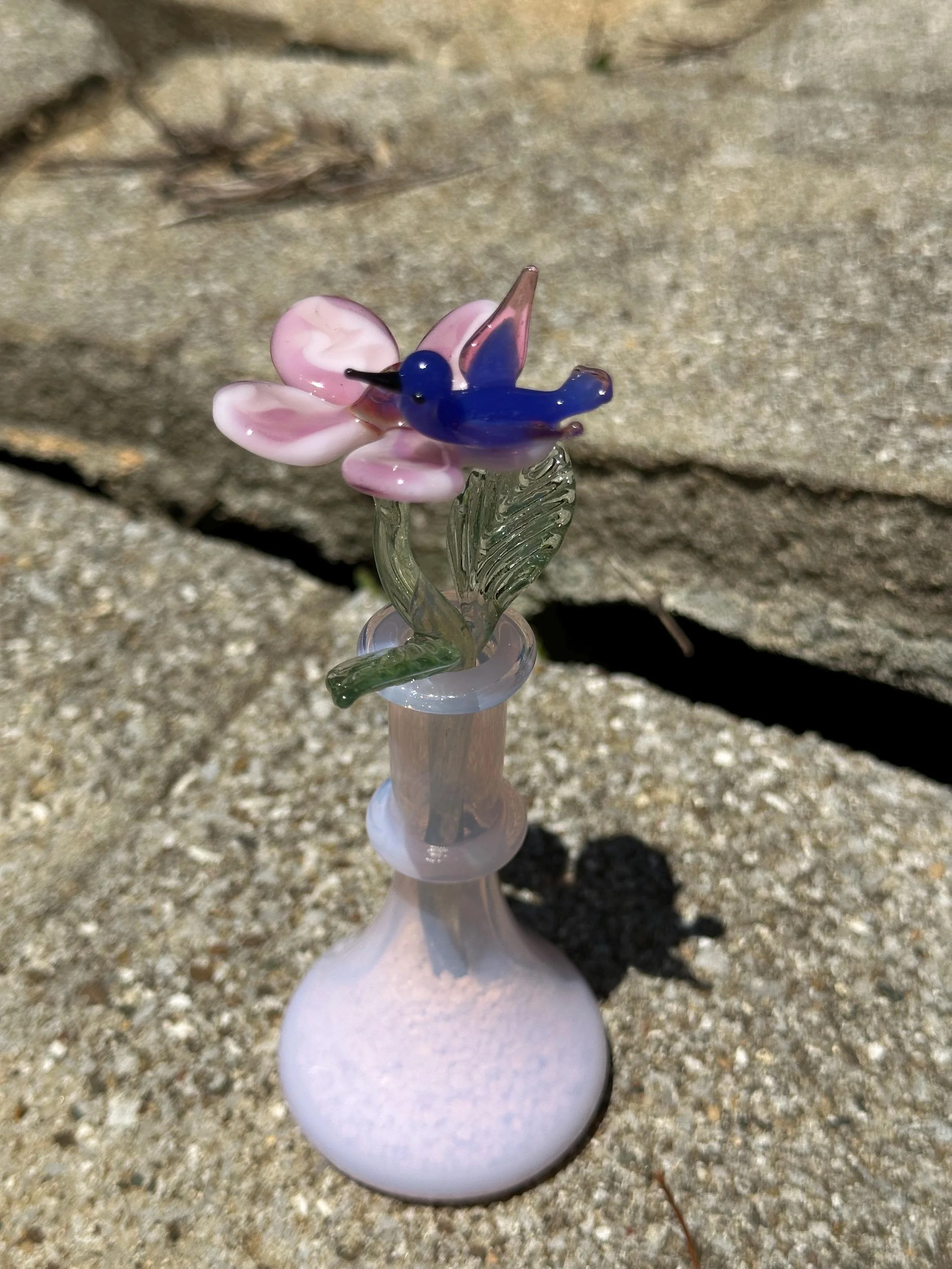 Handmade Glass Flower with Hummingbird in Jade Pink Vase