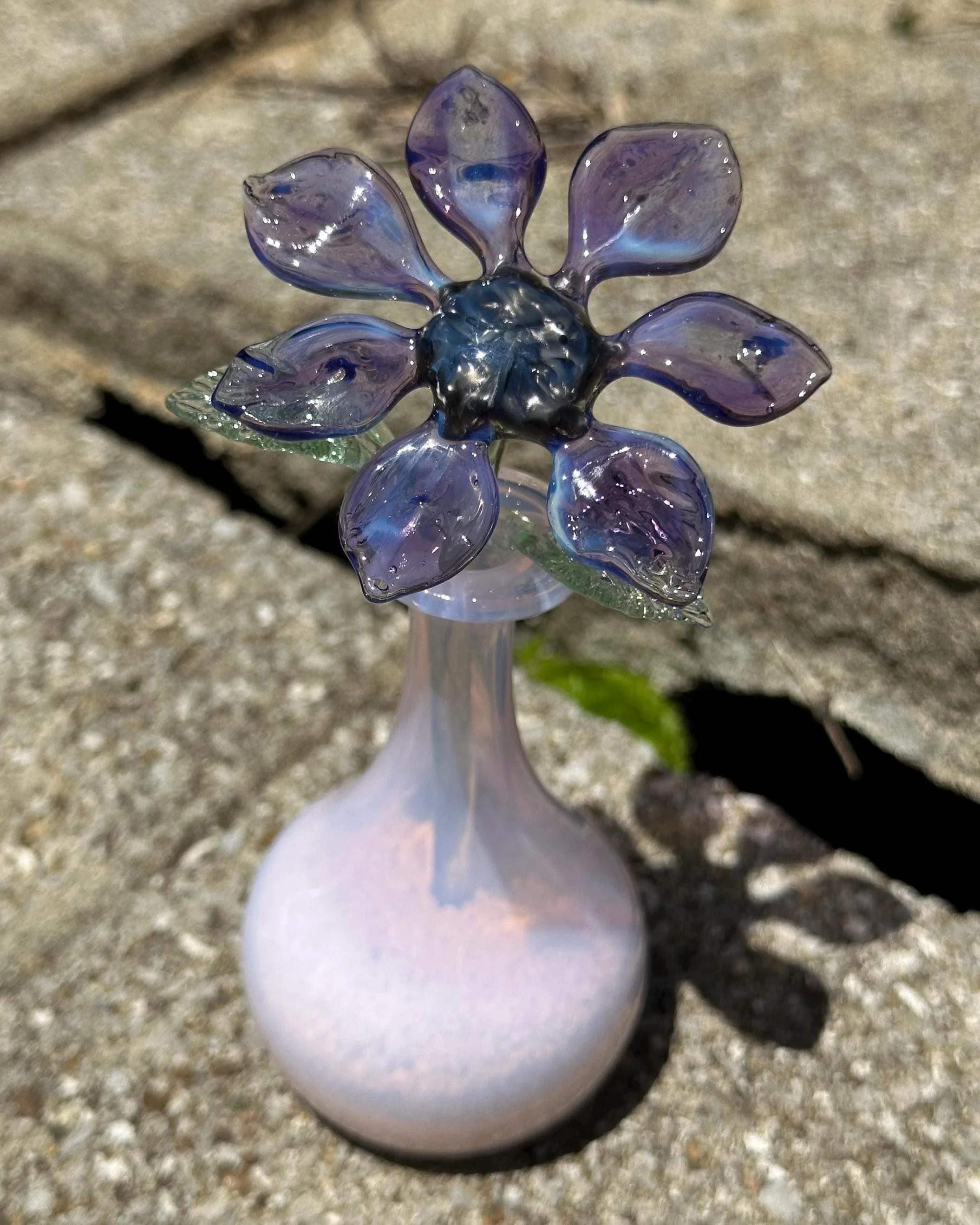 Handmade Purple Glass Flower in Jade Pink Vase