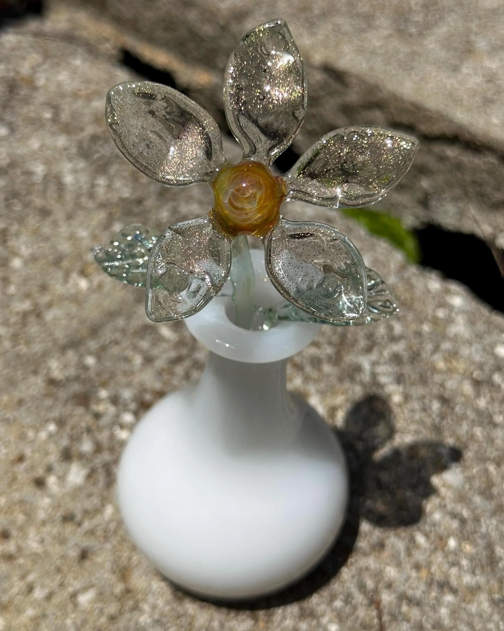 Handmade Dichro Glass Flower in Jade White Vase