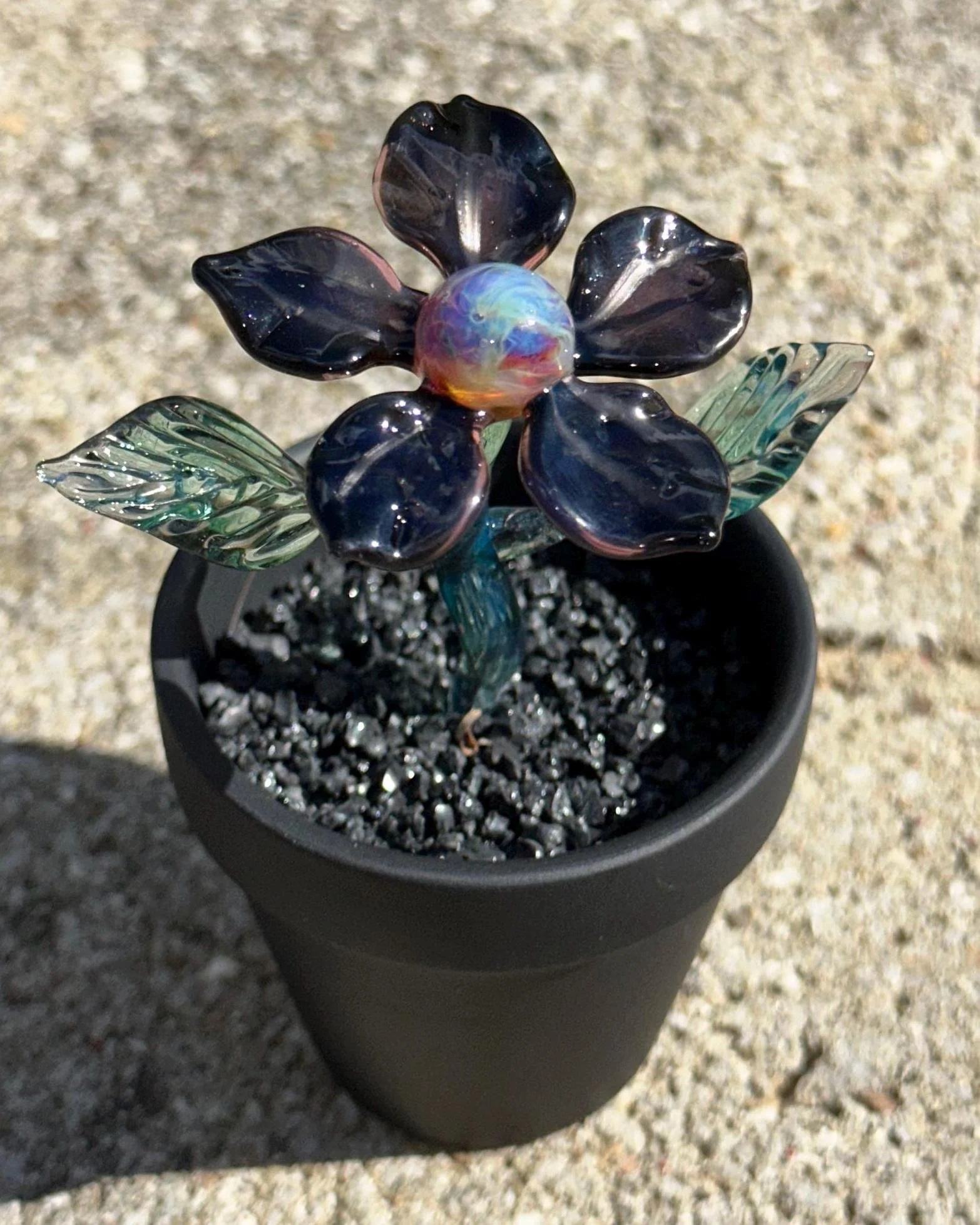 Glass Dark Flower in Decorative Pot - Pink Tint