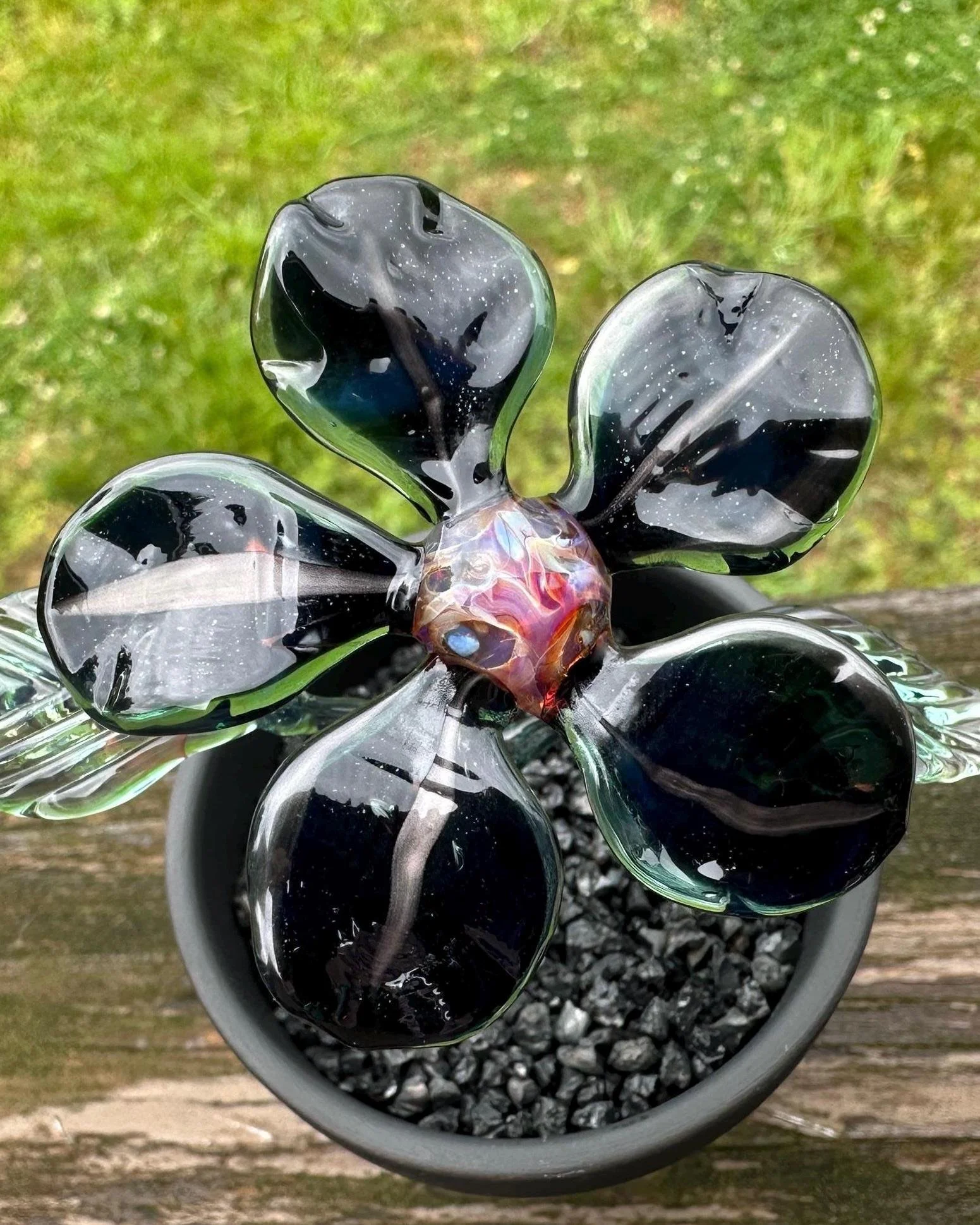 Glass Dark Flower in Decorative Pot - Blue Tint