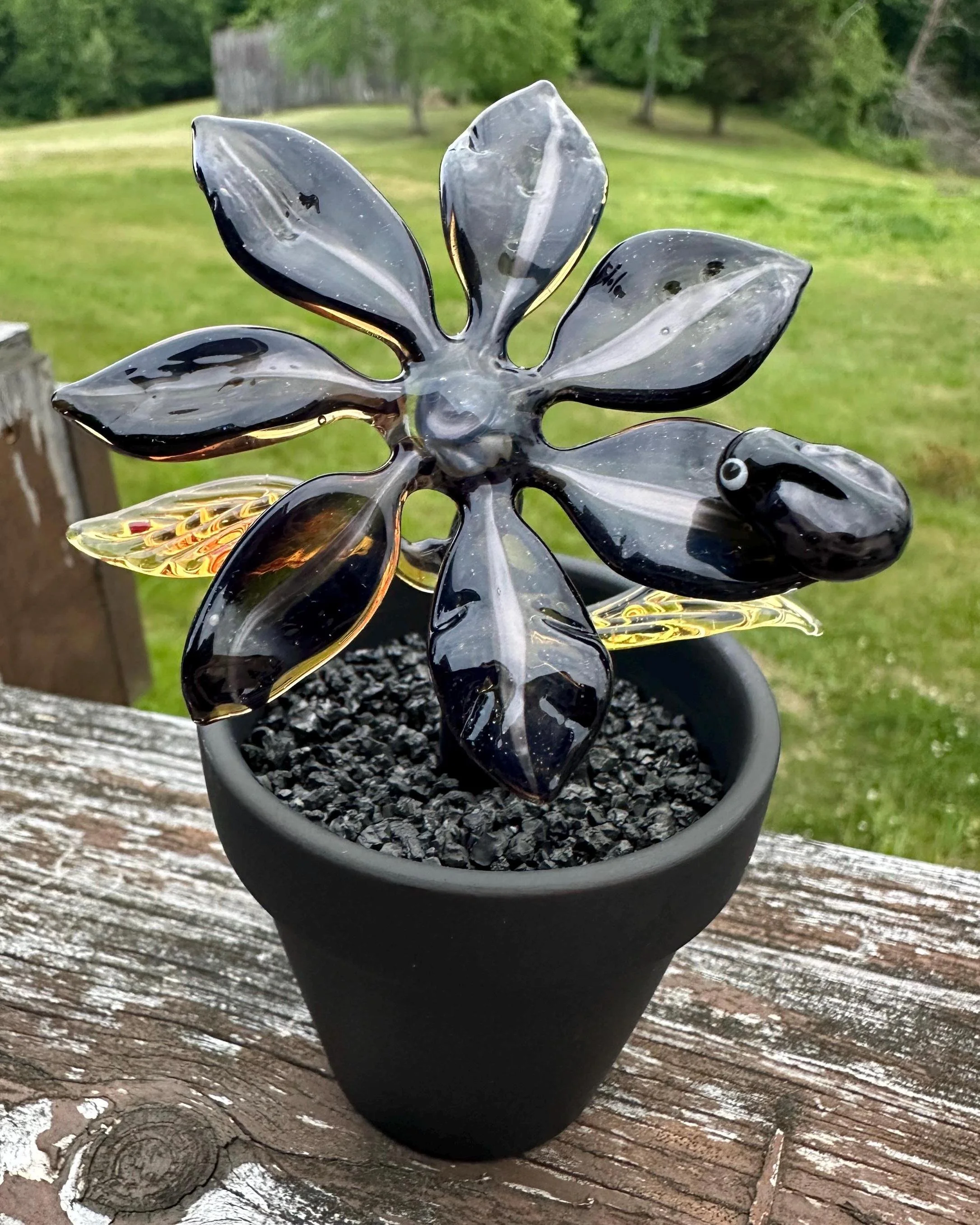 Glass Dark Flower with Silver Bee in Decorative Pot