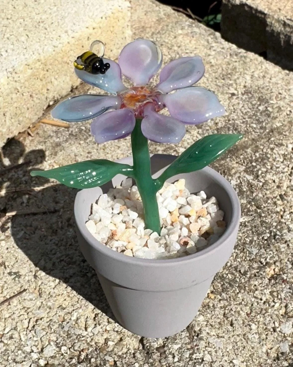 Glass Flower with Bee in Decorative Pot