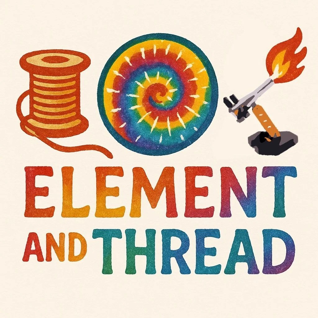 Colorful graphic with a spool of thread on the left, a spiral of rainbow colors in the center, and a flame-throwing torch on the right. Below are the words 'ELEMENT AND THREAD' in rainbow-colored letters.