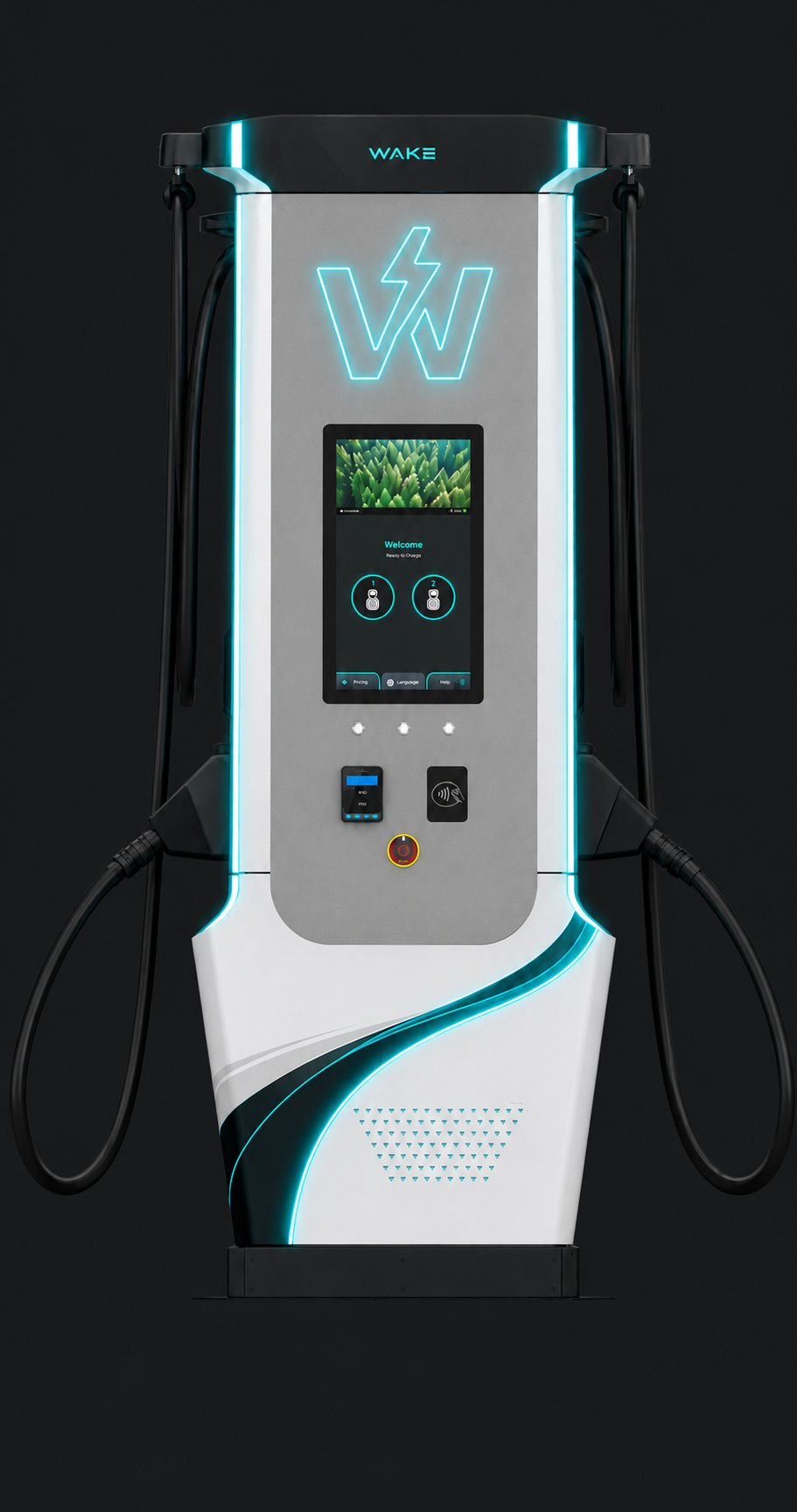 WAKE dual-port electric vehicle charger with silver housing and cyan lighting on a dark charcoal background