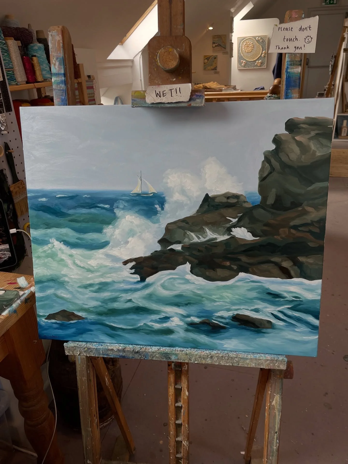 Pellew in High Winds 

My final painting from Phoenix Studios. 
1&amp;2. the finished piece 
3. the ghostly unfinished work through the back of the canvas
4&amp;5. work in progress 
6. signing the work 

Thank you @barefoot_photographer for the refer