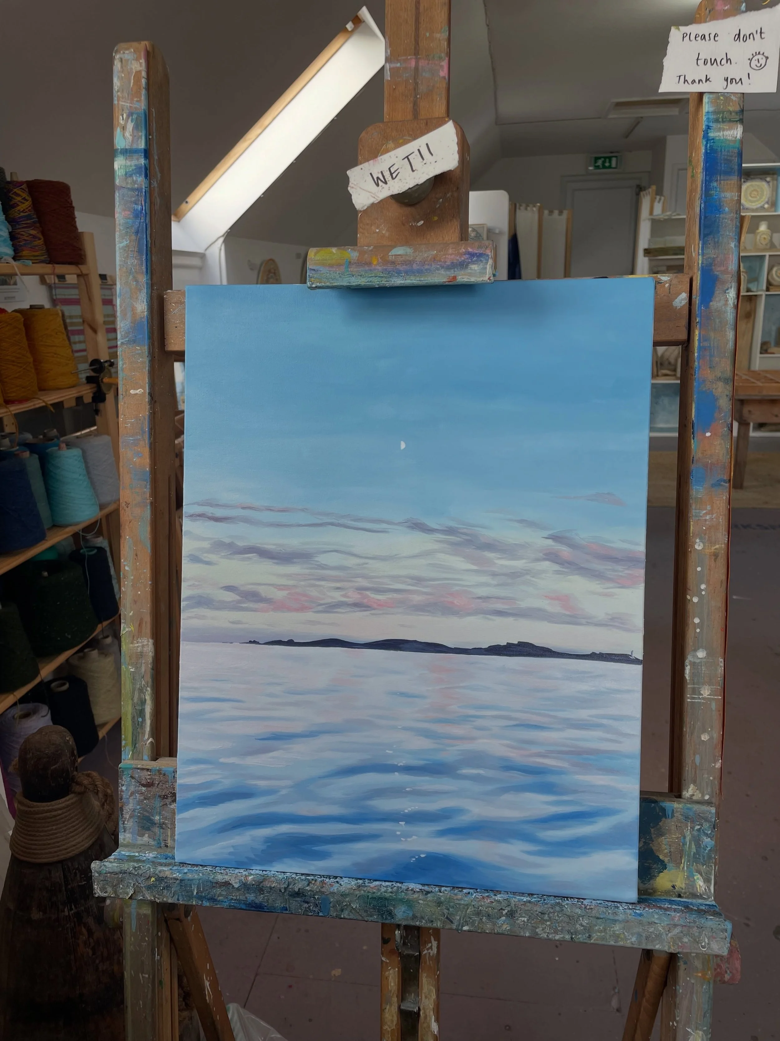 Day 3 of catching up on my artwork. 
Today we have Moon Rising over St Agnes. Sometimes life gives you the perfect colour palette. This was painted from my final boat trip of 2025. My dad and I took the boat out to Samson and on our way home we caugh