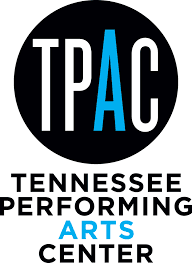 Logo for the Tennessee Performing Arts Center with black background and white and blue text.
