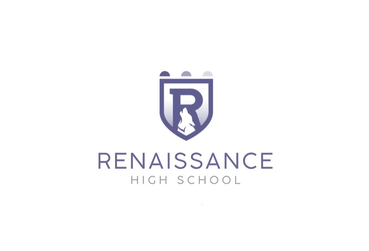 Logo of Renaissance High School featuring a shield with a rabbit and a large 'R' at the top, with the school's name written below.